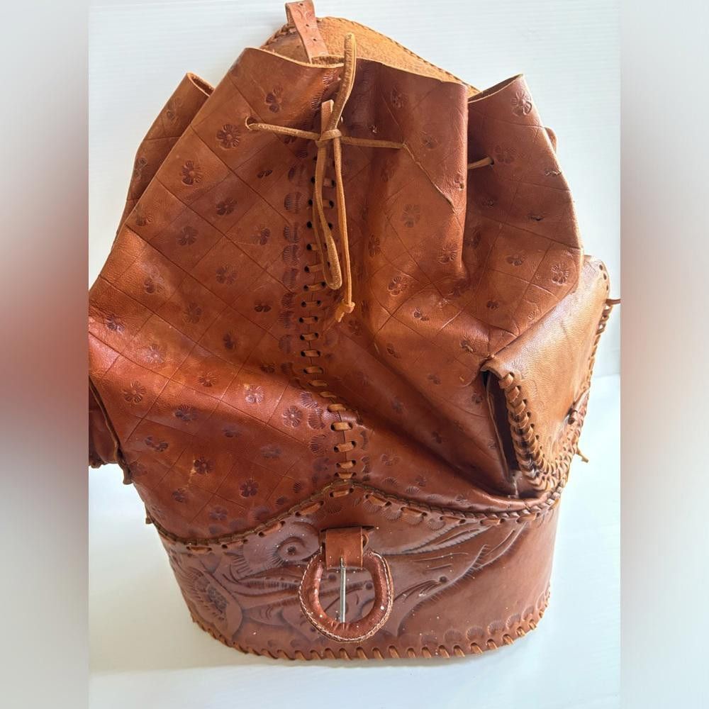 Designer Hand-Tooled Tan Brown Leather Backpack Size ONE SIZE - 5 Thumbnail