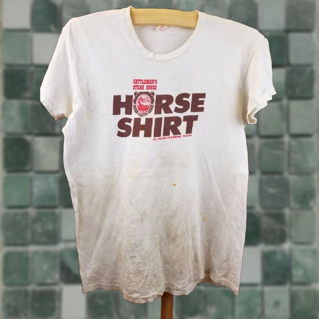 Hanes VINTAGE CATTLEMAN'S STEAKE HOUSE HORSE SHIRT HANES FADED T-SHIRT SZ LARGE T-SHIRT Mens White 70's Cowboy Western Shirt Size US L / EU 52-54 / 3 - 1 Thumbnail