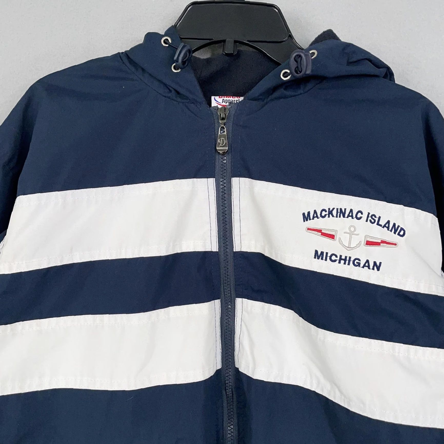 Vintage Mackinac Island Michigan Jacket Mens Small Navy Hooded Windbreaker Rain Coat Zip Lined Water Resistant Dimco Apparel Navy Striped Front Zipper Pockets Size US S / EU 44-46 / 1 - 2 Thumbnail