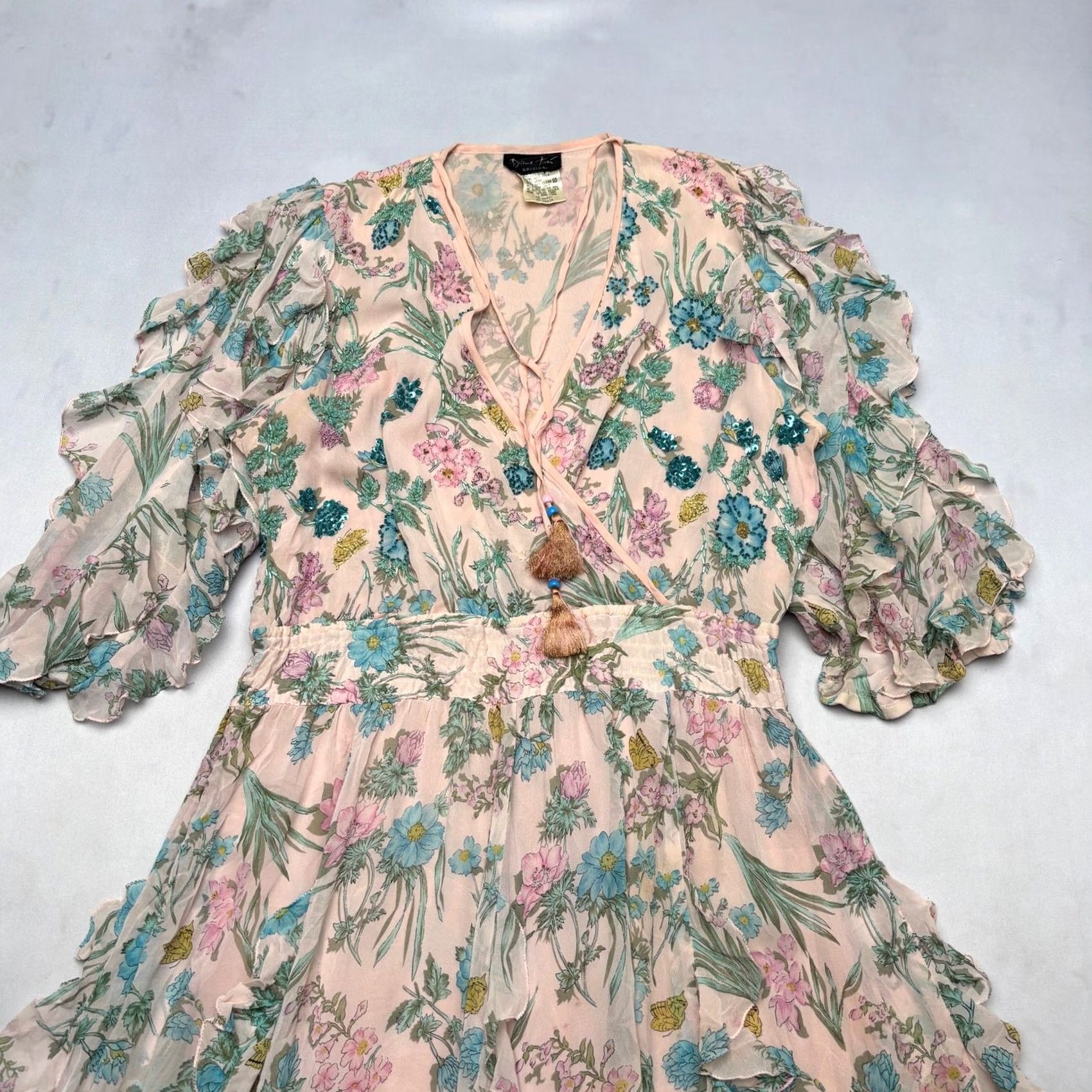 Vintage VINTAGE Diane Freis Silk Dress Floral Pink Boho Fairy Cottage Dress Women One Size Hong Kong 80s Ruffle Fit & Flare Womens Size ONE SIZE - 2 Thumbnail