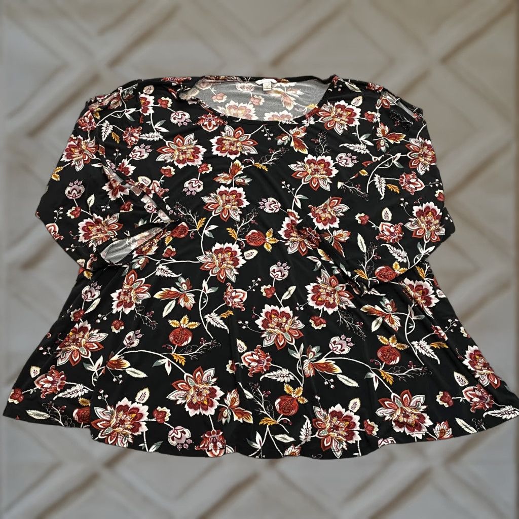 Vintage Cato Blouse Shirt Womens 28W Black Floral Long Sleeve Round Neck Button Casual Chiffon Polyester Plus Size Fall Spring Summer - Mens? Size 4XL / US 24-26 - 1 Thumbnail