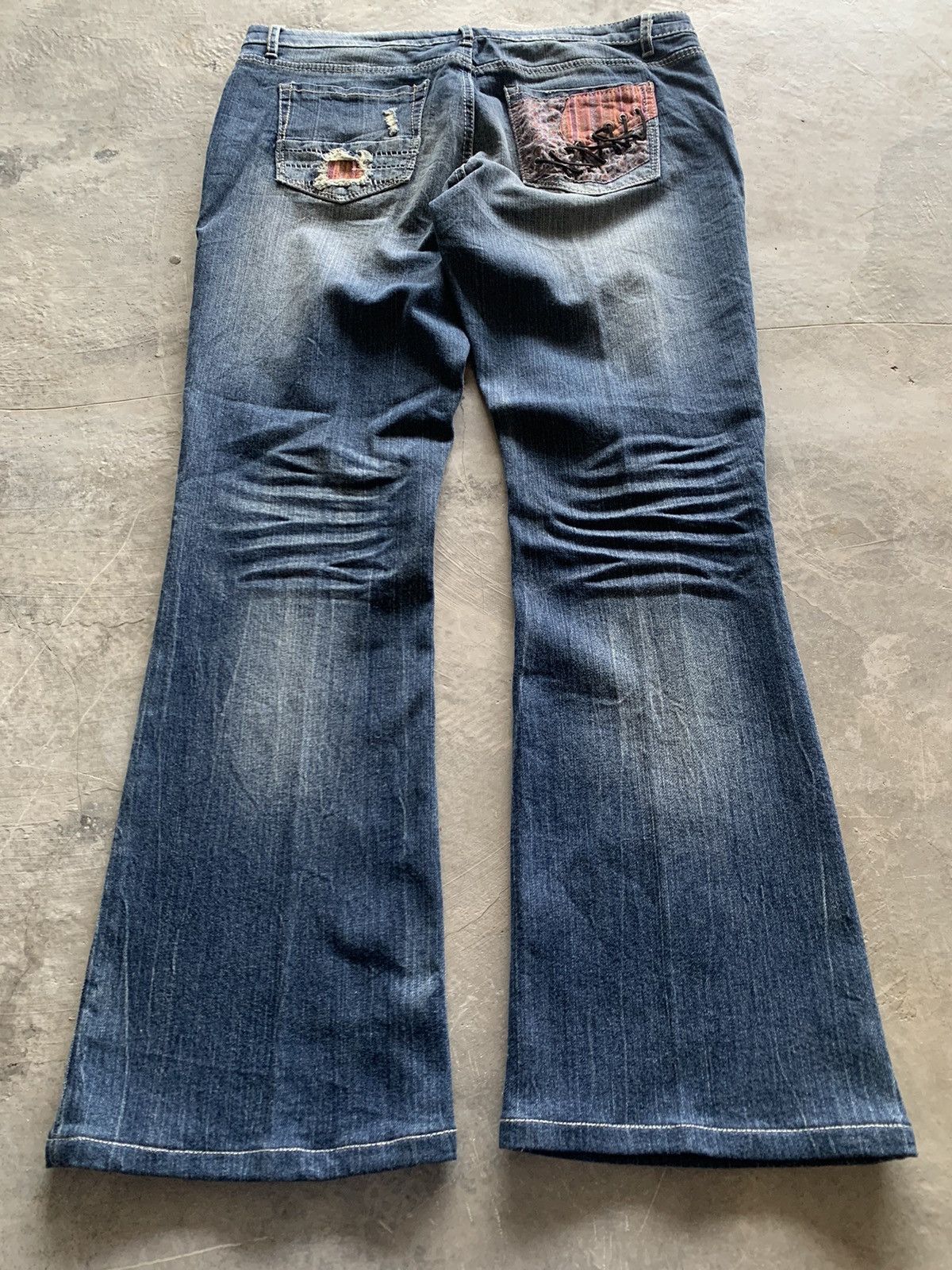 flare japanese patchwork jeans floral lace backpocket