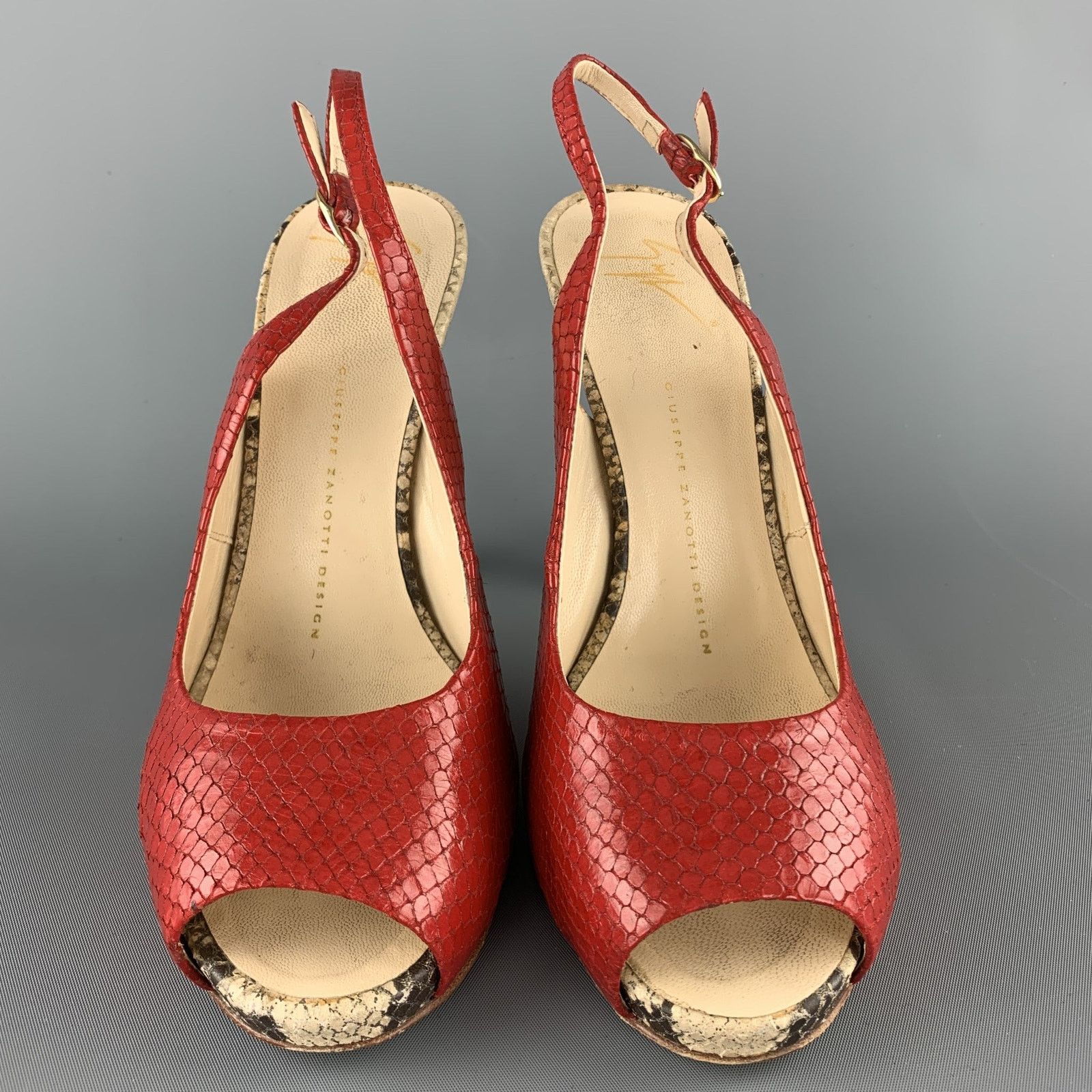 Giuseppe Zanotti 8 Red & Beige Snake Skin Slingback Peep Toe Pumps Size US 8 / IT 38 - 4 Thumbnail