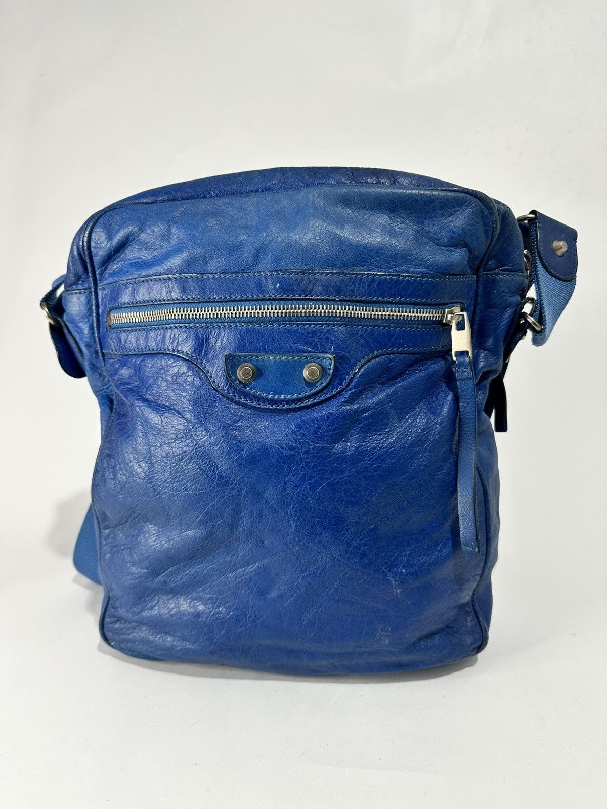 BALENCIAGA Blue Lazuli Lambskin Leather Classic Reporter Bag