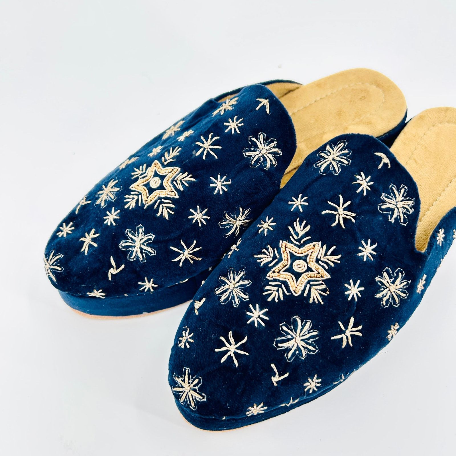Handmade Rare Navy Velvet Embroidered Platform Slip-On Mule Shoes Size US 7.5 / IT 37.5 - 2 Thumbnail