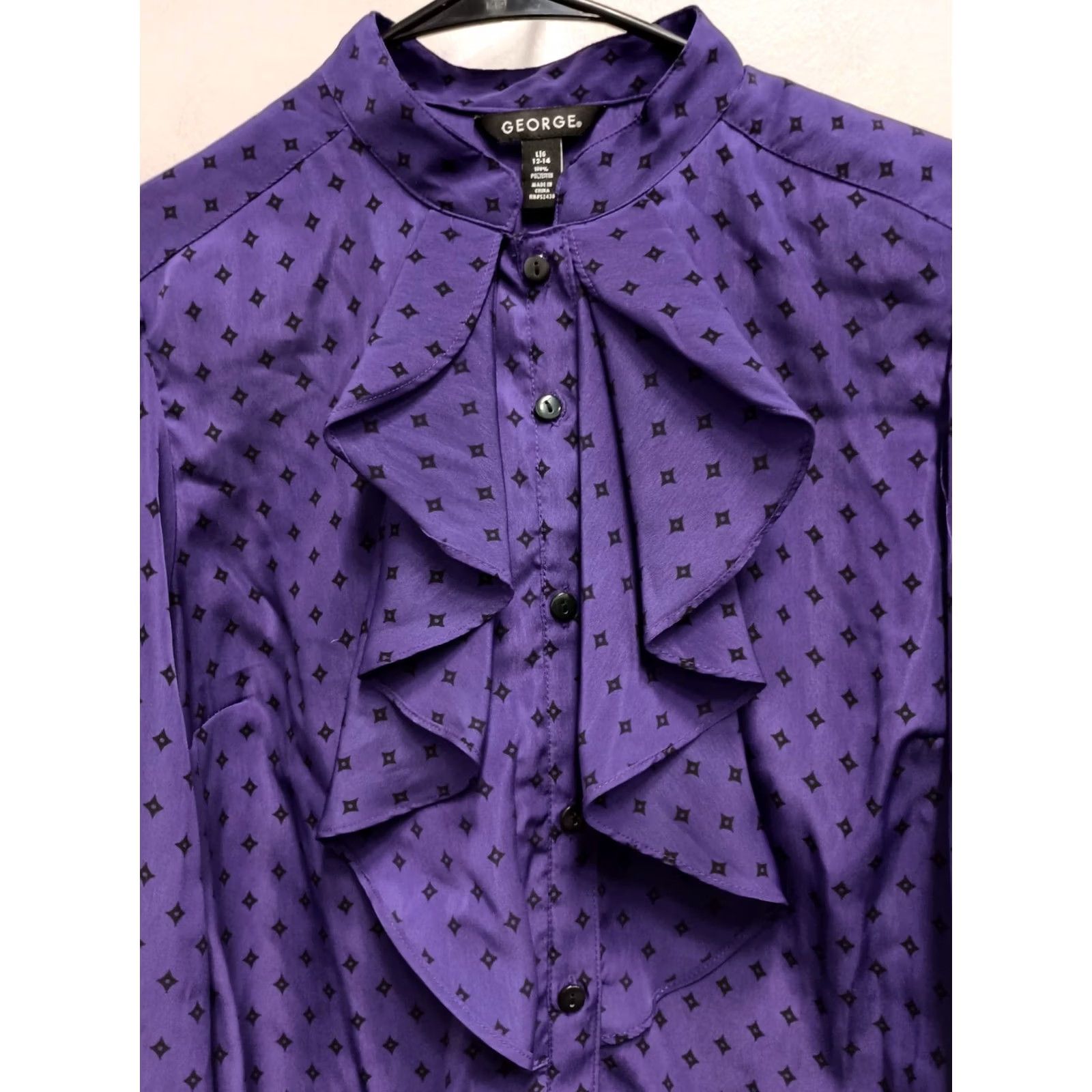 George VINTAGE George Blouse Womens Large Purple Printed Ruffle 90s Preppy Office Gothic Purple Blouse Womens L 90s City Romantic Whimsygoth Size L / US 10 / IT 46 - 2 Thumbnail