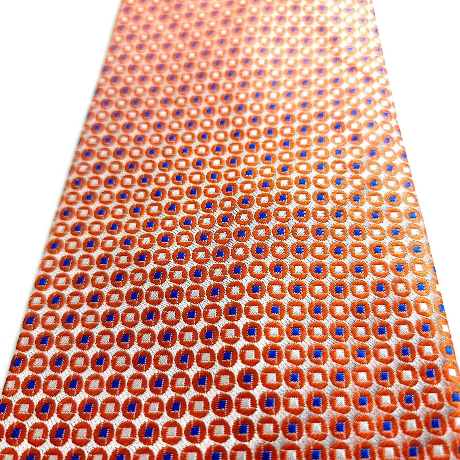 Designer Belisi Woven Orange Blue Geometric Wide Silk Tie Size ONE SIZE - 2 Thumbnail