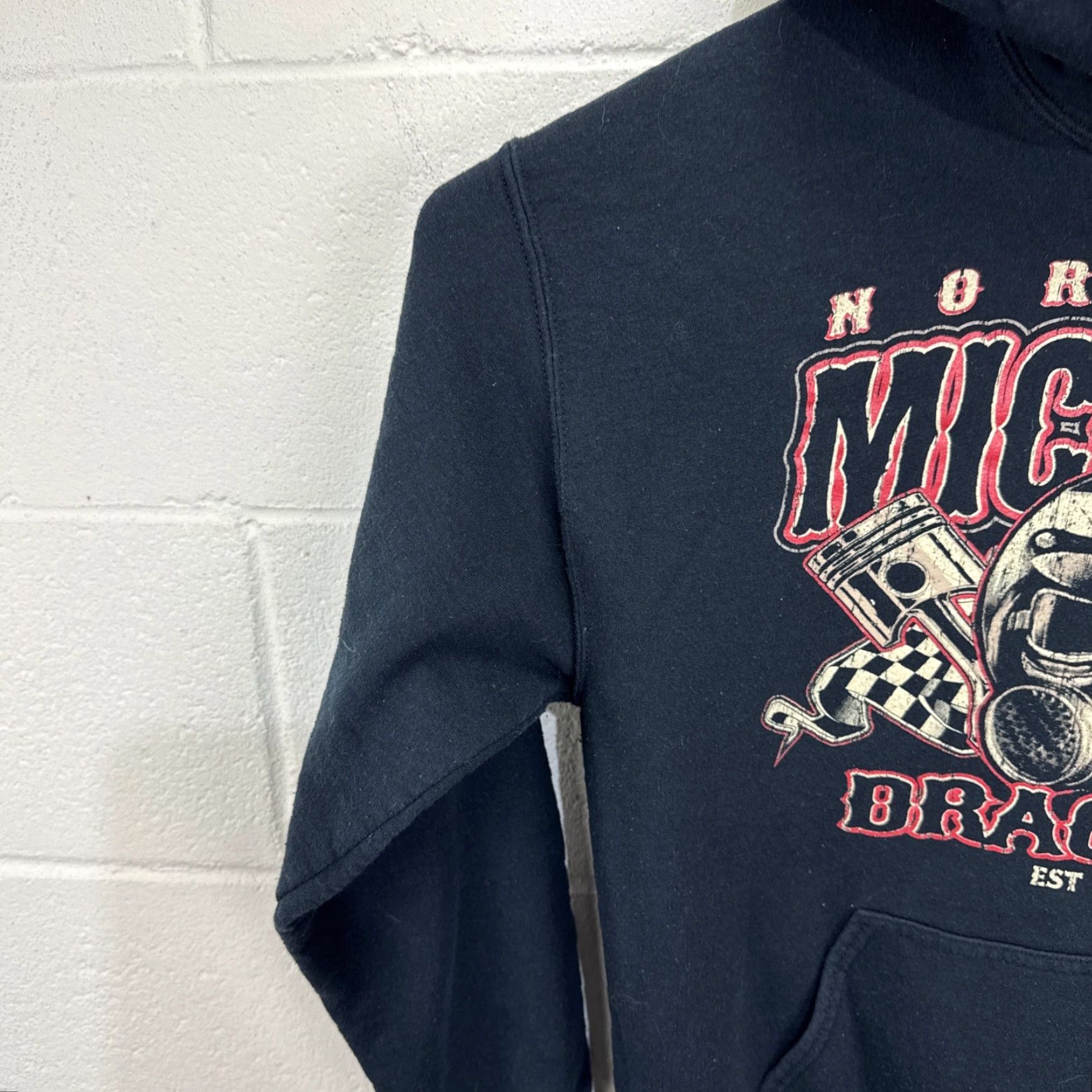 Gildan Vintage NORTHERN MICHIGAN DRAGWAY HOODIE NMDRAGWAY Gas Mask Checkered Flag M Size US M / EU 48-50 / 2 - 6 Thumbnail