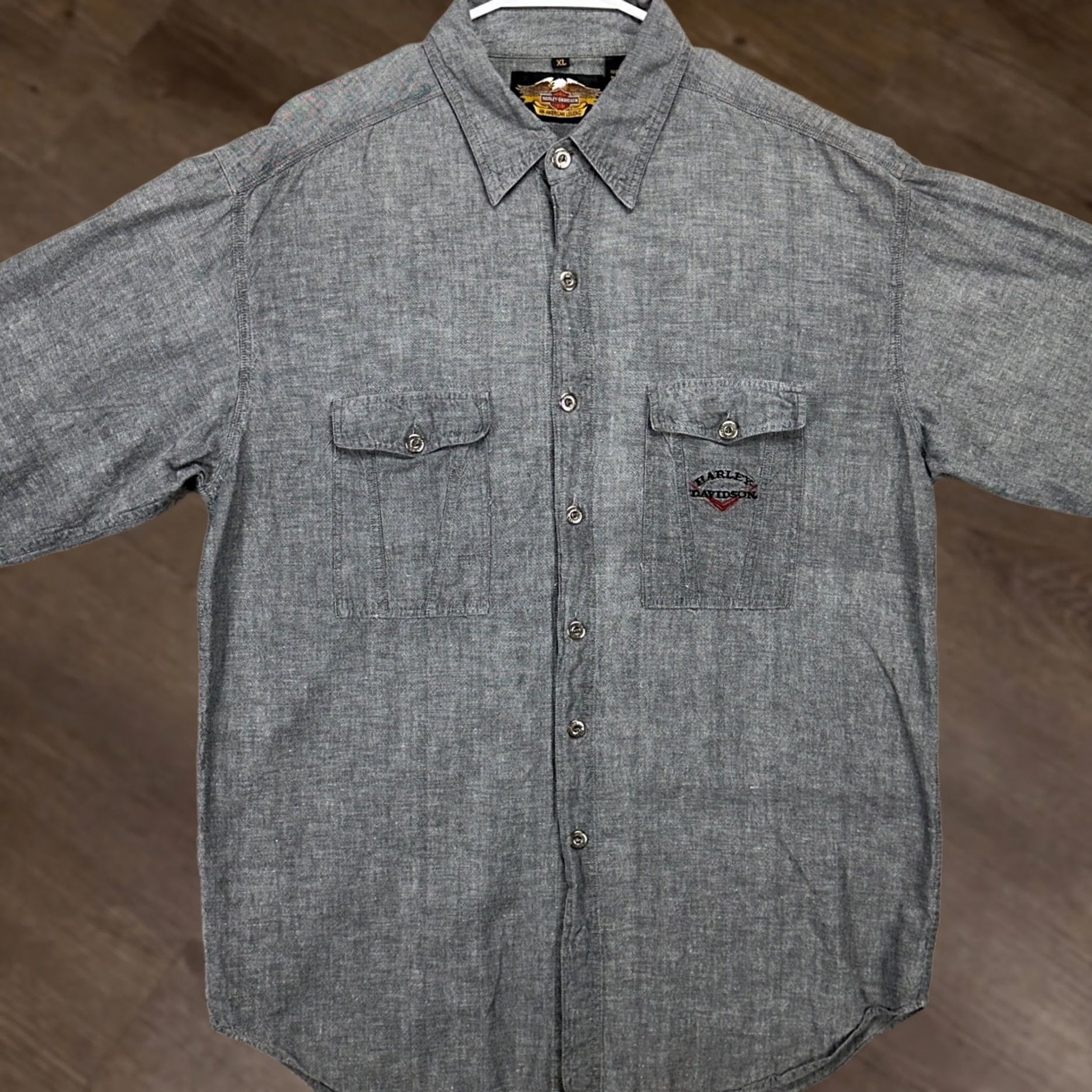 Harley Davidson Harley-Davidson Shirt XL Grey Button-Up Long Sleeve Chambray Flap Pockets Button-Up Mens Shirt Size US XL / EU 56 / 4 - 1 Thumbnail