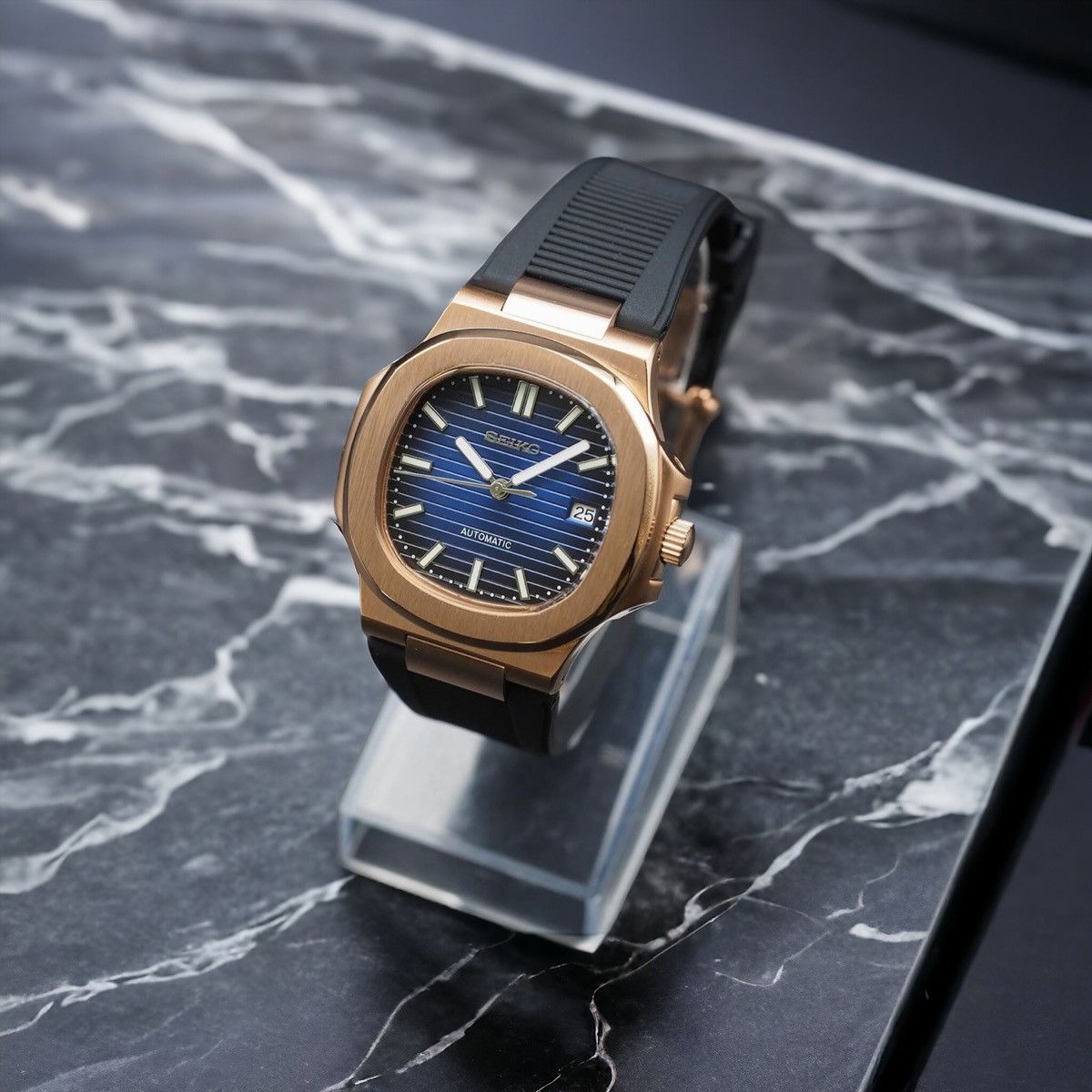 Japanese Brand Seiko Mod Nautilus Navy Rosegold Rubber Strap Watch 41mm Size ONE SIZE - 3 Thumbnail