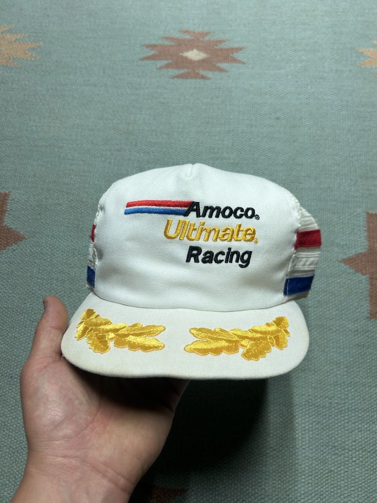 Vintage Vtg 80s trucker hat Amoco racing 3 three stripe USA red blue Size ONE SIZE - 2 Thumbnail