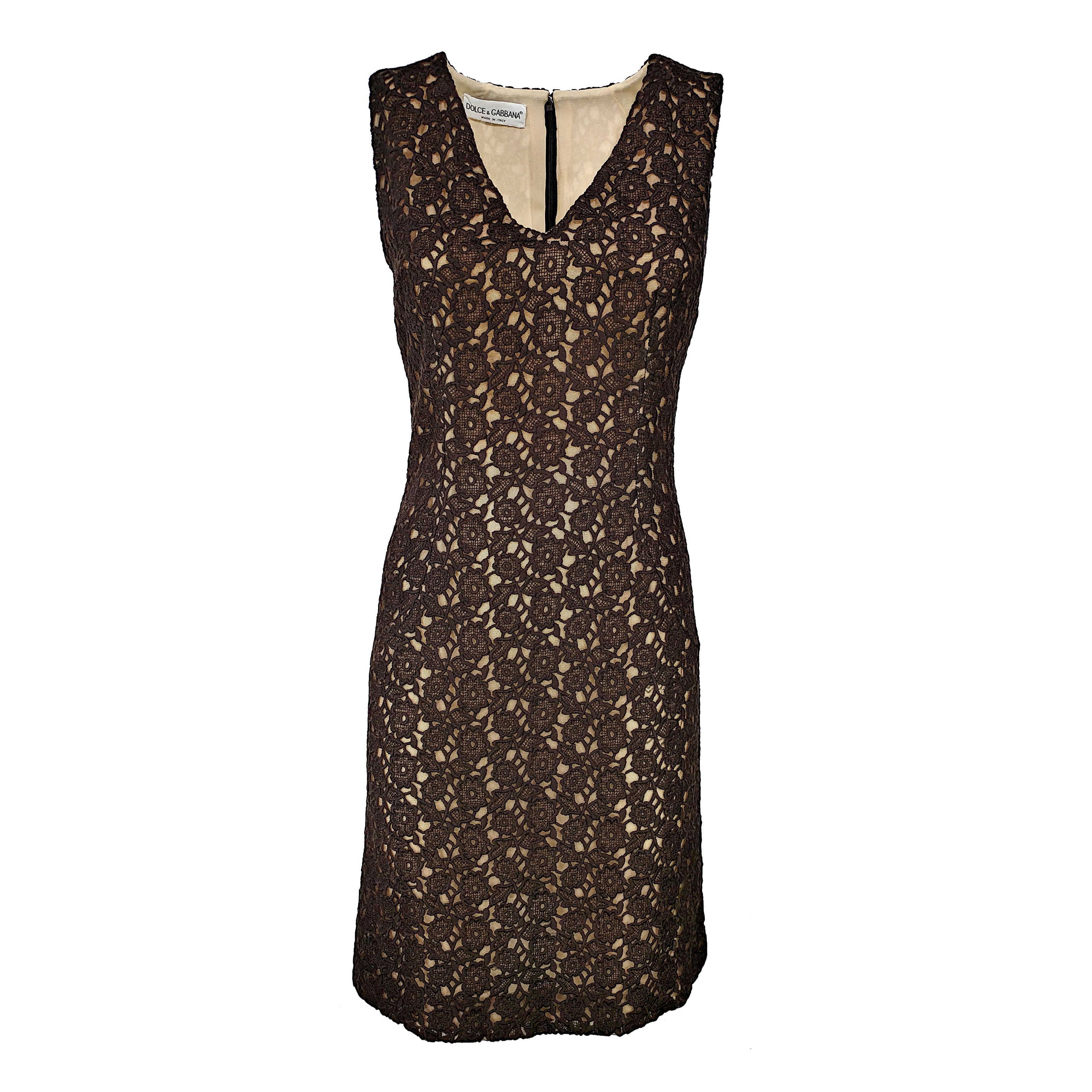 Dolce & Gabbana Archive 90s Brown Floral Lace Sheath Dress Size S / US 4 / IT 40 - 2 Thumbnail