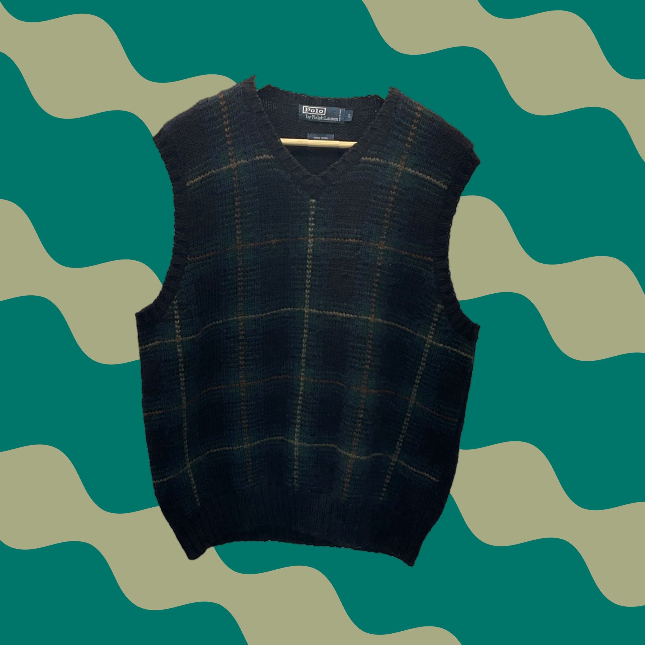 VINTAGE Polo Ralph Lauren 100 % Wool Sweater Vest Mens LG Plaid Black Wool Vest Knit V-Neck Logo Hand Wash Only Polo Ralph Lauren Mens VG?