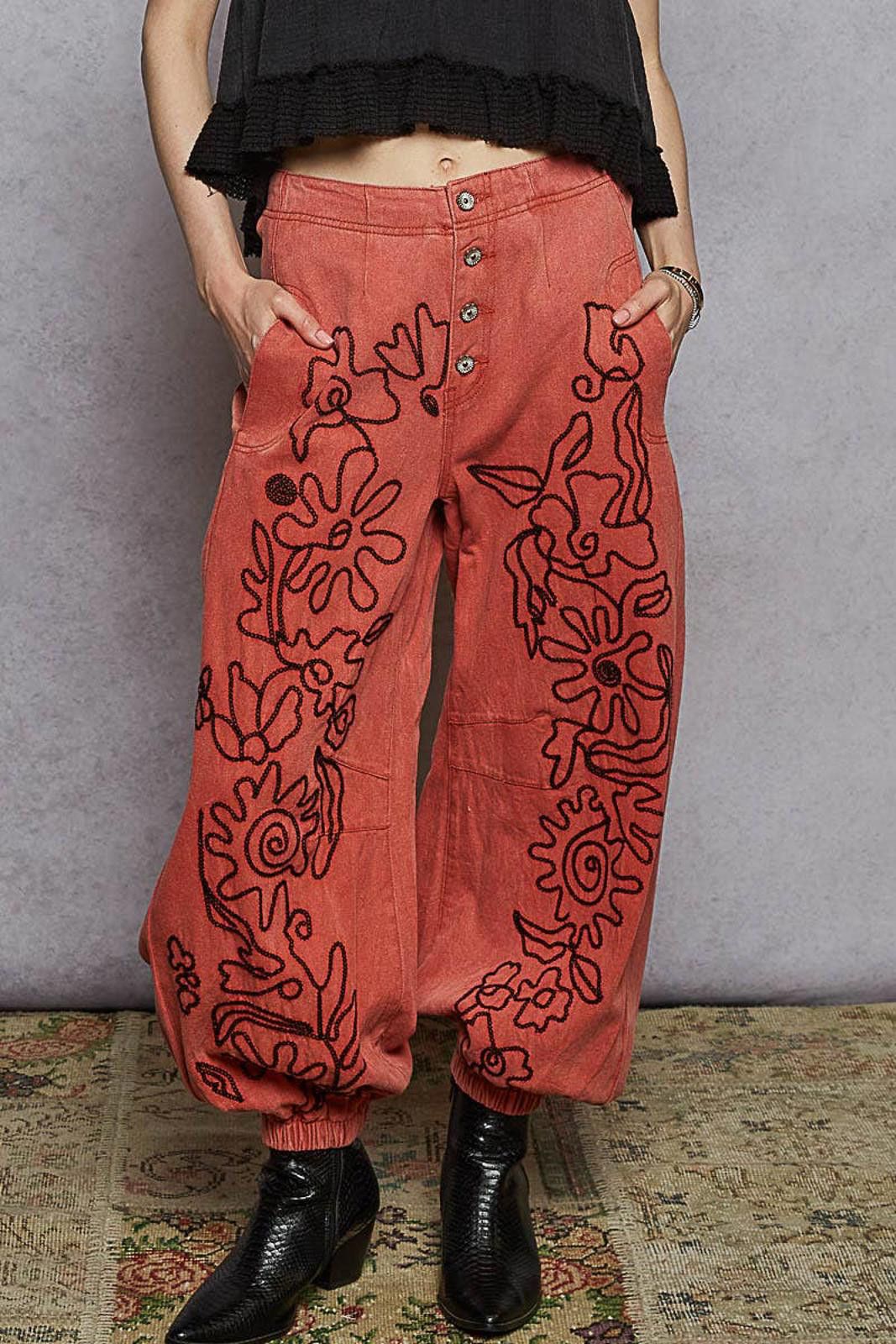 Other Floral Embroidered Pattern Solid Twill Jogger Pants by POL Size 28" / US 6 / IT 42 - 10 Thumbnail