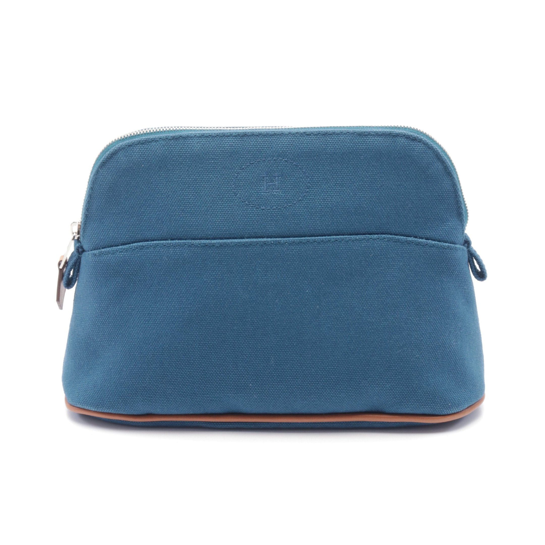 Hermes Hermes Bolide Pouch Mini Blue Petrol Cosmetic Canvas Leather Green Brown Silver Hardware Size ONE SIZE - 1 Thumbnail
