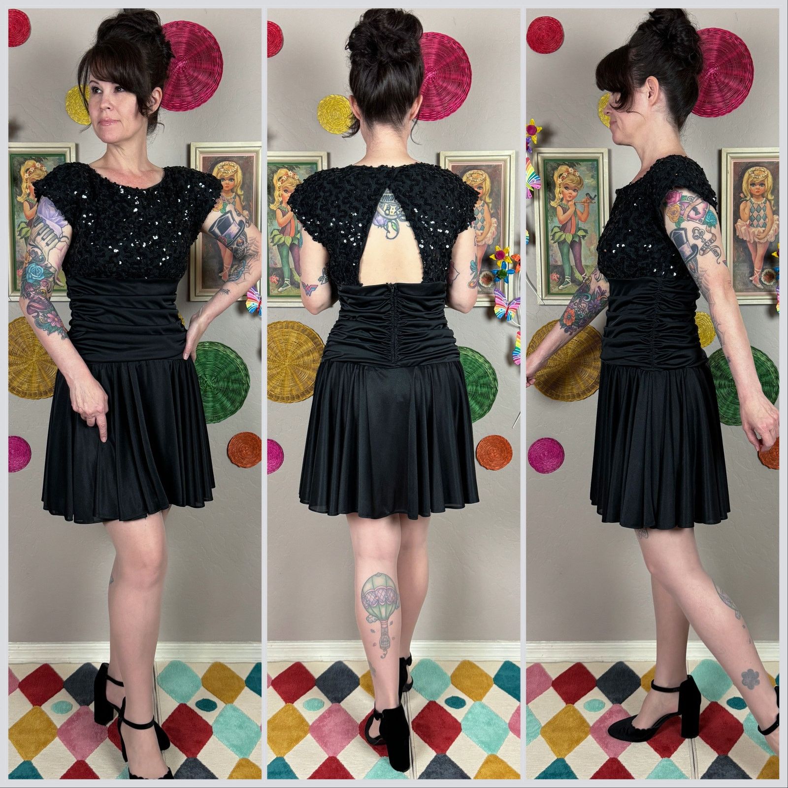 Vintage Vintage 1970s Black Sequins Ruched Open Back Disco Minidress Size M / US 6-8 / IT 42-44 - 2 Thumbnail