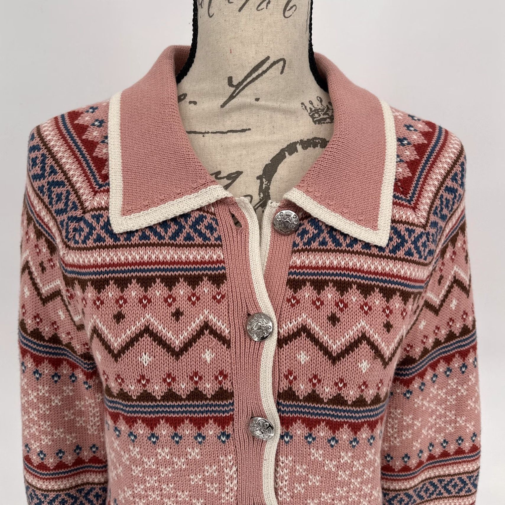 Veronica Beard VERONICA BEARD Sweater Womens Medium Pink Fair Isle Collared Cardigan Ski Knit Size M / US 6-8 / IT 42-44 - 2 Thumbnail