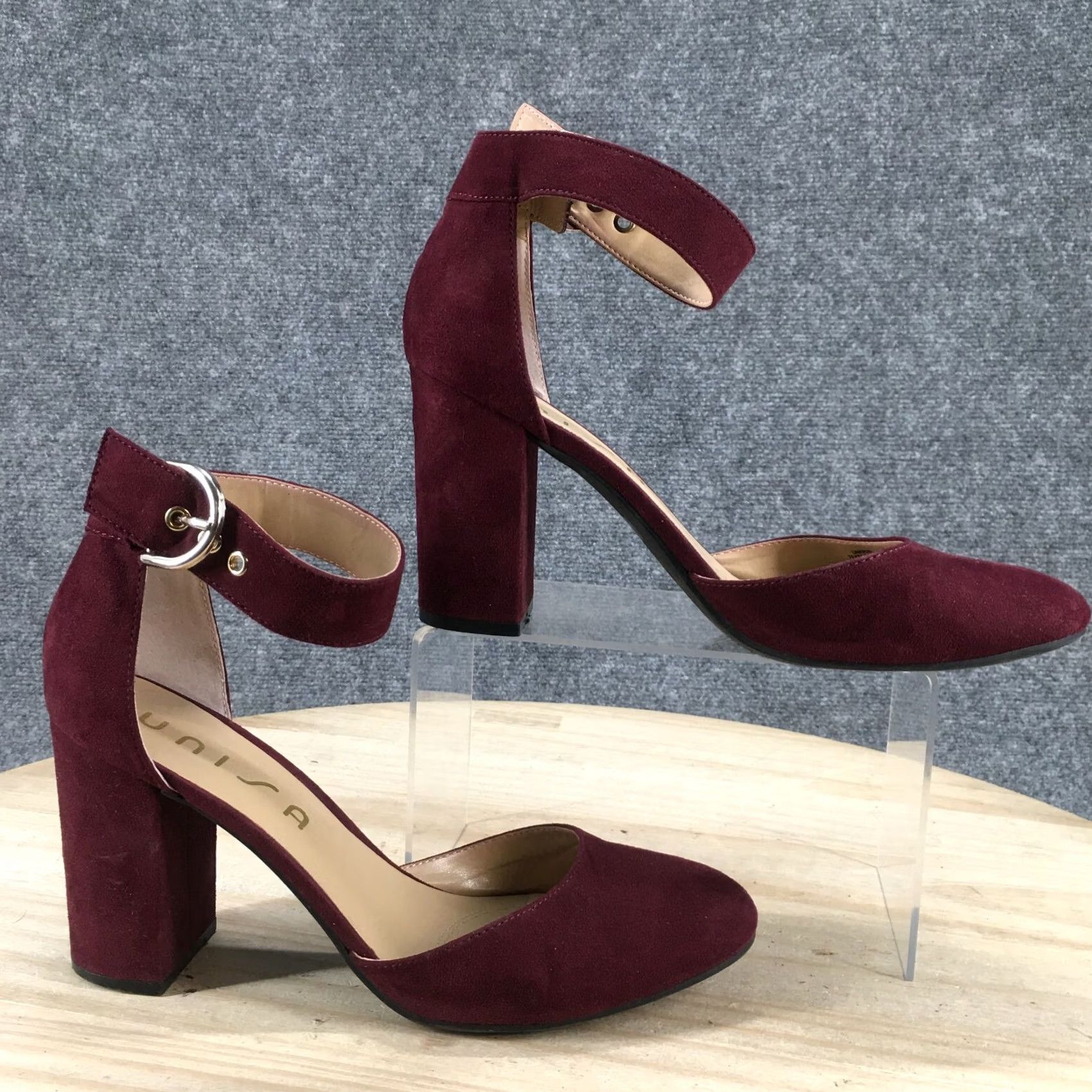 Vintage Unisa Heels Women 9 M Casual Block Heels Ankle Strappy Burgundy Fabric Shoes Size US 9 / IT 39 - 2 Thumbnail