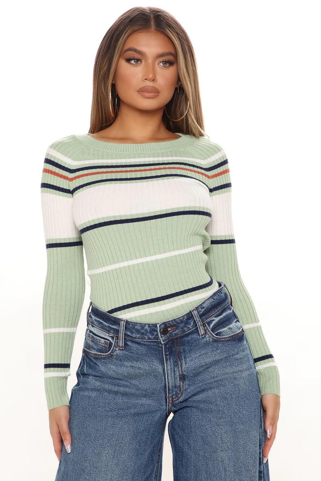 Fashion Nova Stripes For Days Sweater - Sage/combo Size M / US 6-8 / IT 42-44 - 1 Thumbnail