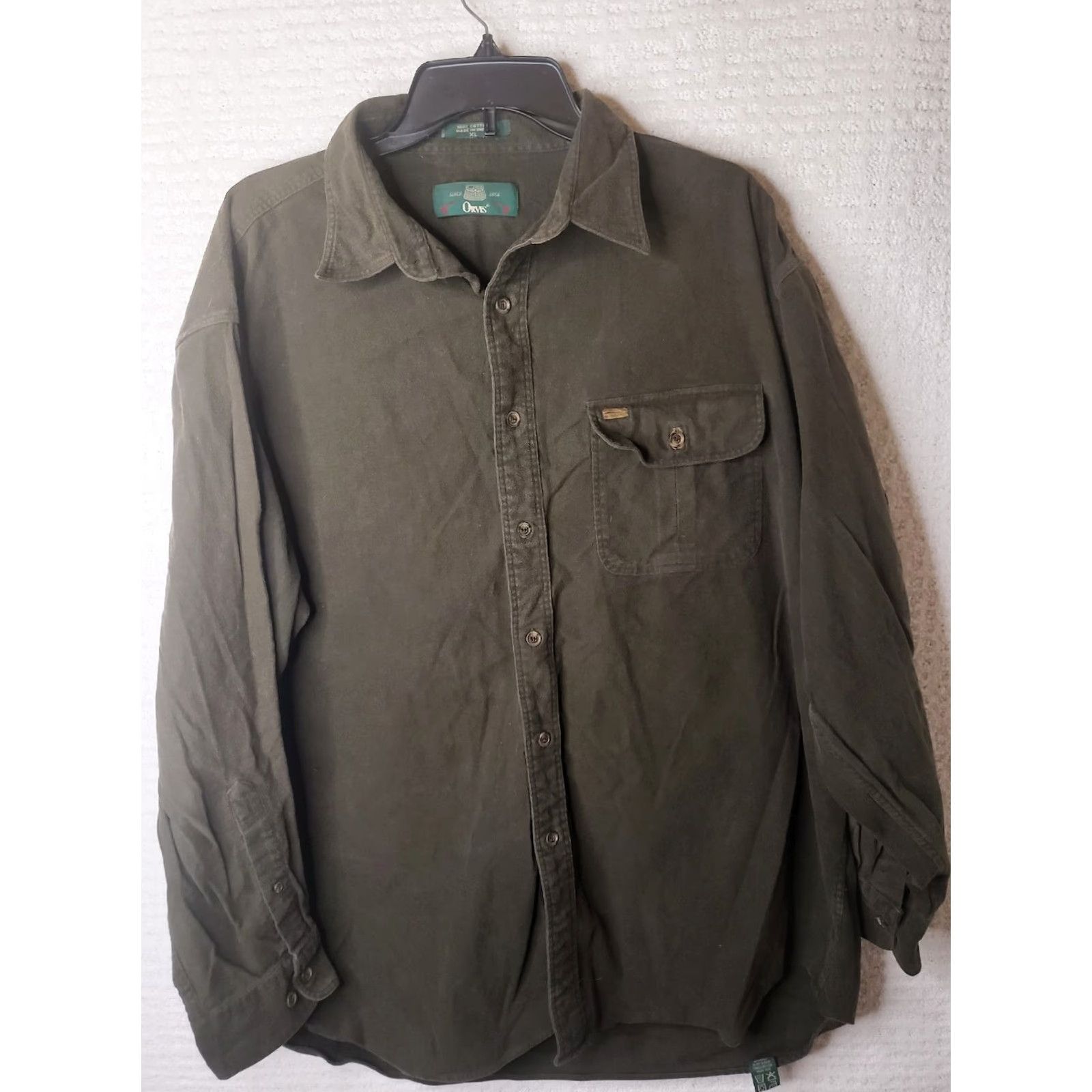 Orvis VINTAGE Orvis Chamois Shirt Mens XL Brown Cotton Thick Heavy Button Up 90s Suede Pocket Trim Olive Brown External Description Size US XL / EU 56 / 4 - 2 Thumbnail
