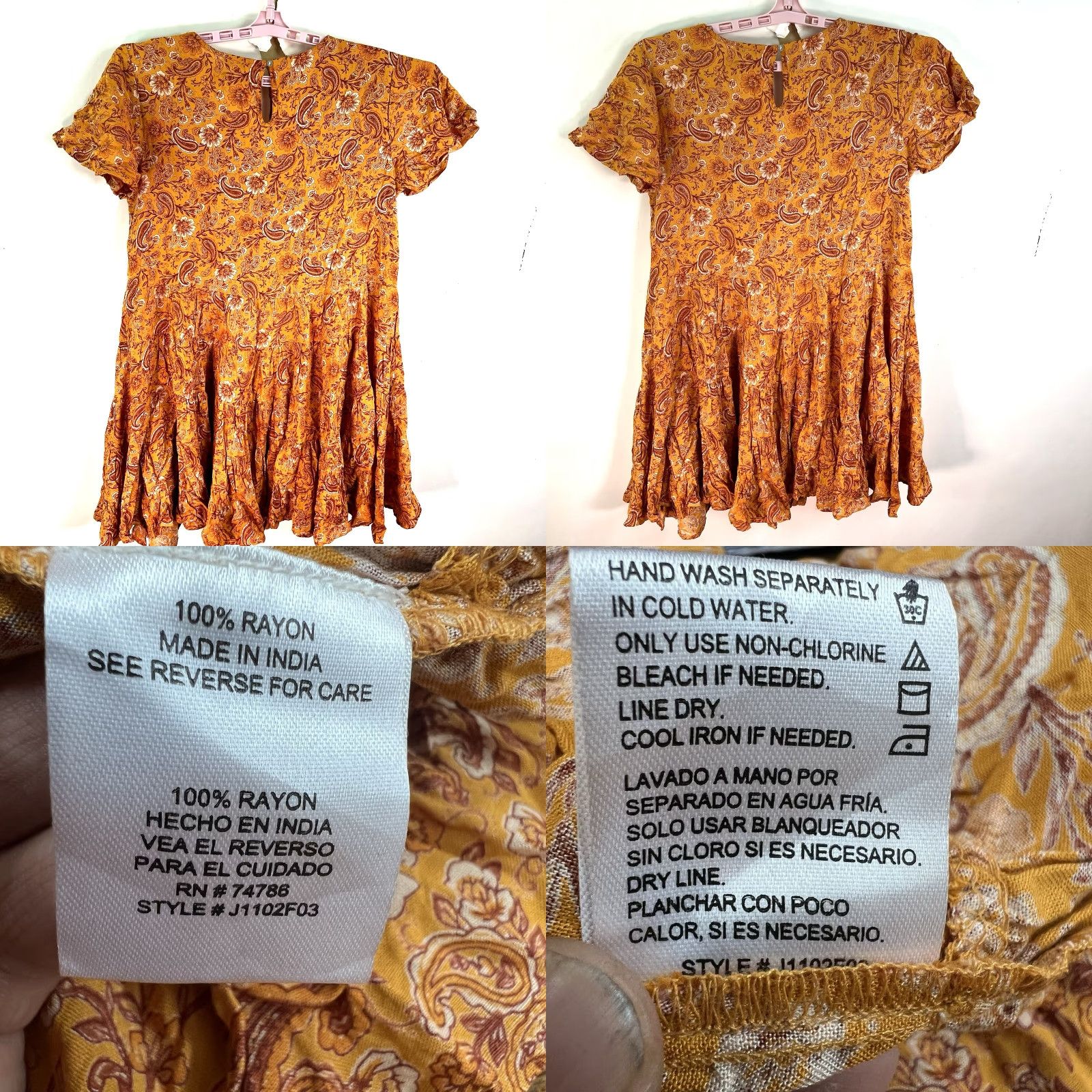 Vintage PATRONS OF PEACE Yellow Paisley Tiered Dress Tunic M - Casual Shift Mini Dress with Flutter Sleeves for Women Size M / US 6-8 / IT 42-44 - 8 Thumbnail