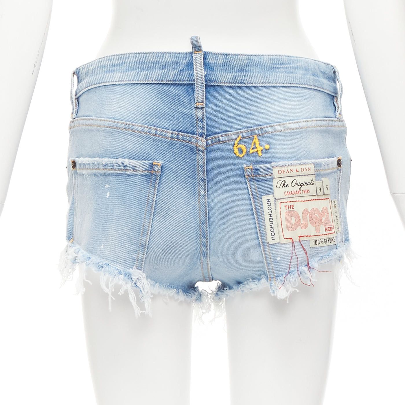 image of Dsquared2 Dsquared Blue Washed Distressed Logo Patch Frayed Cut Off Booty Shorts It38 Xs, Women's (