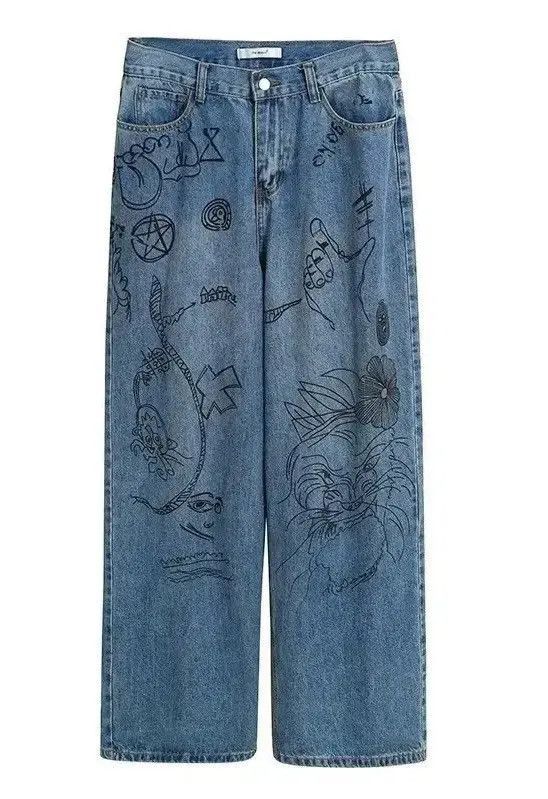 Japanese Brand Men Printed Blue Hippie Jeans Size US 32 / EU 48 - 2 Thumbnail