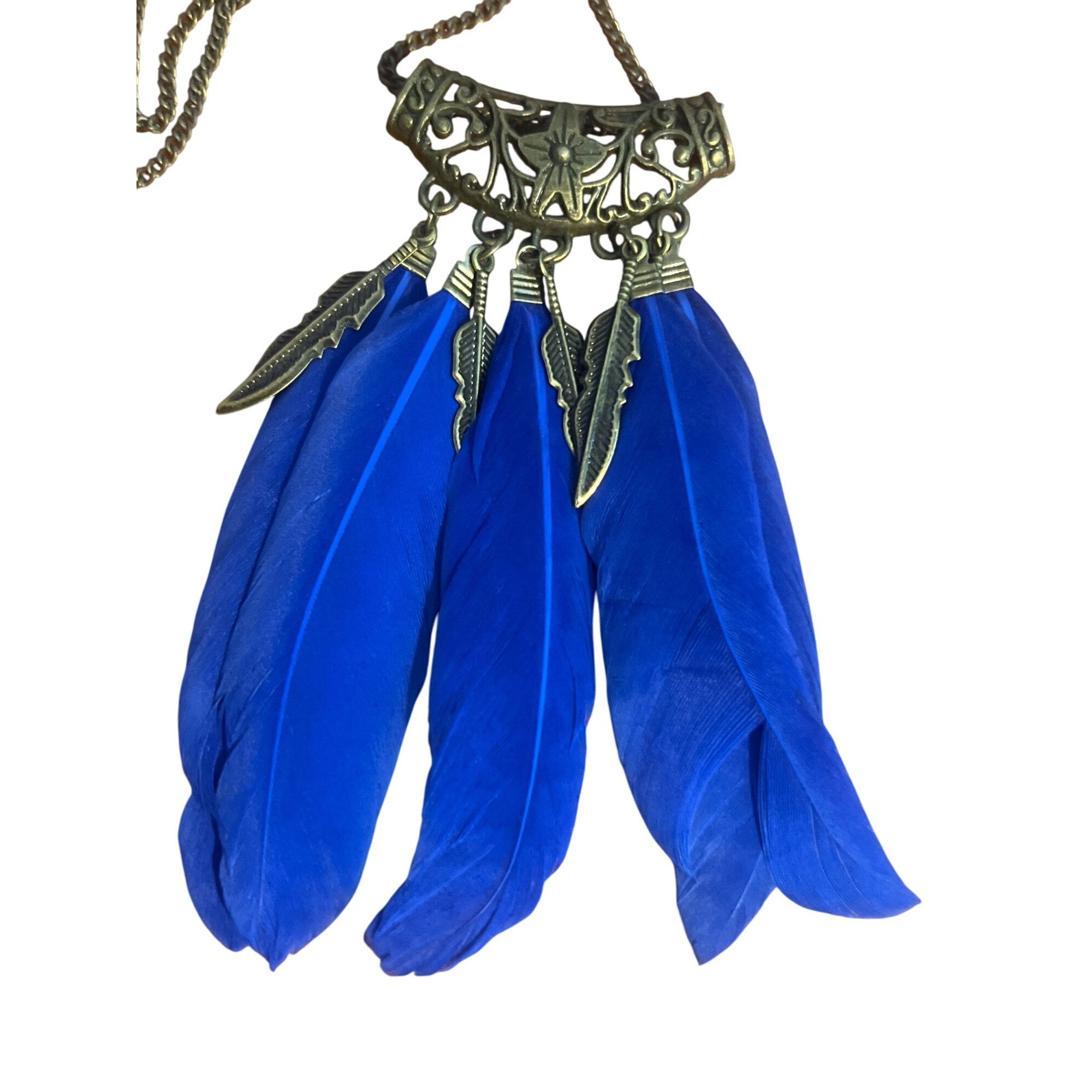 Other Boho Antique Gold Royal Blue Feather Pendant Necklace Feathe Size ONE SIZE - 2 Thumbnail