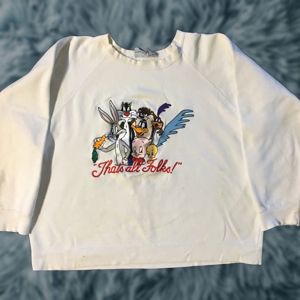Vintage VINTAGE Looney Tunes Sweatshirt Boxy XL White Embroidered 90s Thrashed Faded Distressed Pullover Hoodie Mens Nike? Wait no. Size US XL / EU 56 / 4 - 1 Thumbnail