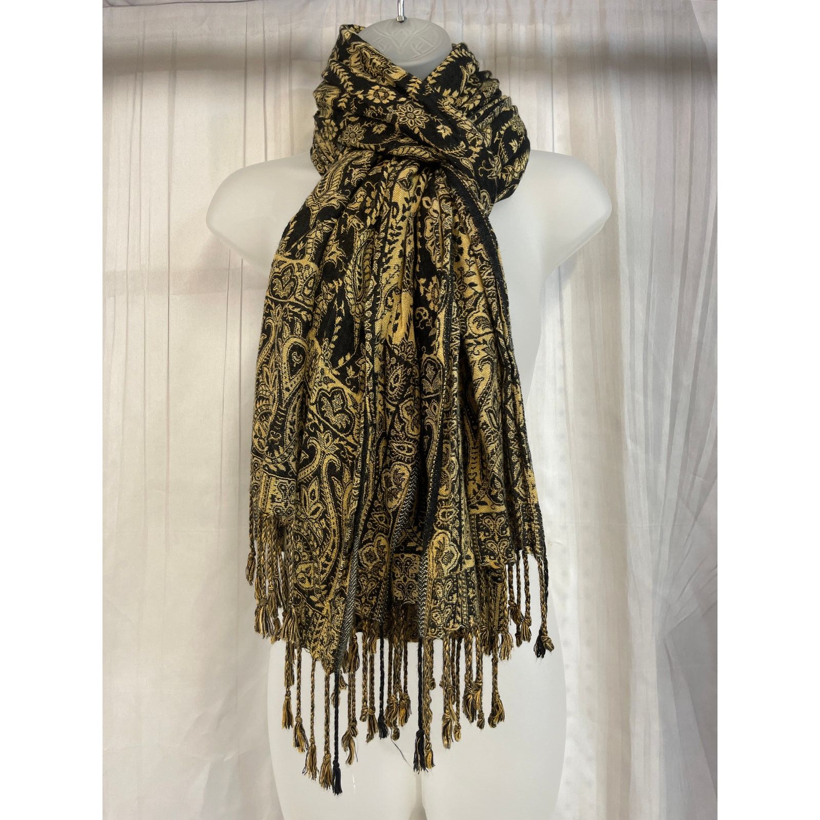 Other Vintage Black Gold Paisley Scarf Wrap Shawl Fringe Boho Size ONE SIZE - 1 Thumbnail