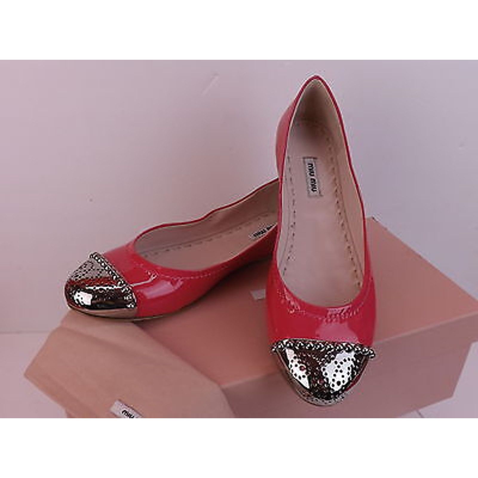 Miu Miu PINK PATENT LEATHER METAL STUDDS CAP TOE FLATS 41 Size US 11 / IT 41 - 12 Thumbnail