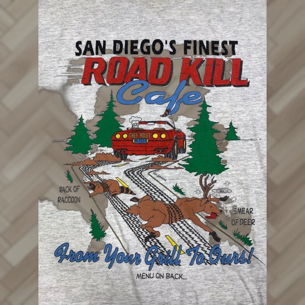 Vintage VINTAGE San Diego's Road Kill Csfe Shirt Mens L Gray 90s Funny Shirt Mens L Gray 90s Funny Size US L / EU 52-54 / 3 - 1 Thumbnail