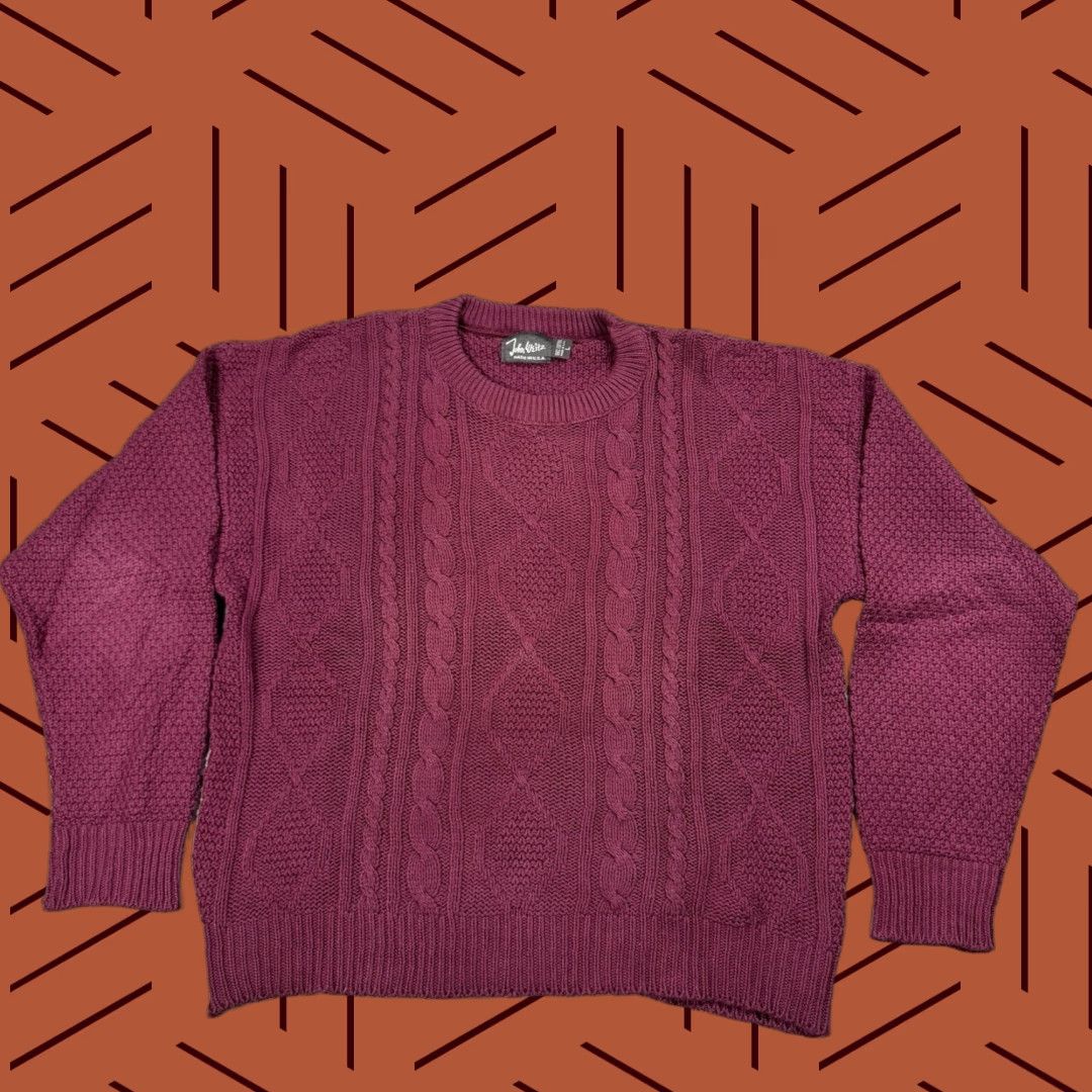 Vintage VINTAGE John Weitz Men's Crew Neck Sweater 80s Cable Knit Fall Winter Red Cotton Classic Size US L / EU 52-54 / 3 - 1 Thumbnail