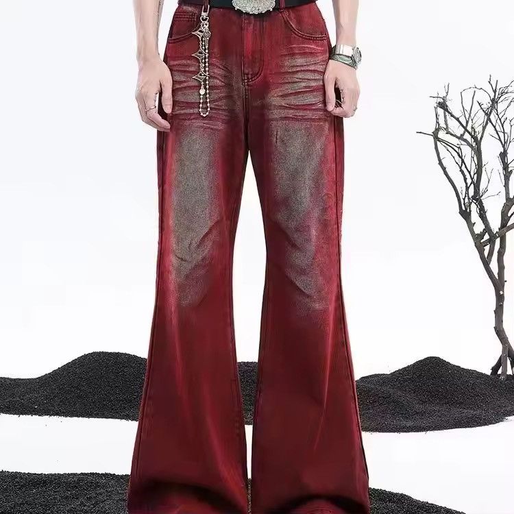 Red acid wash flare jeans