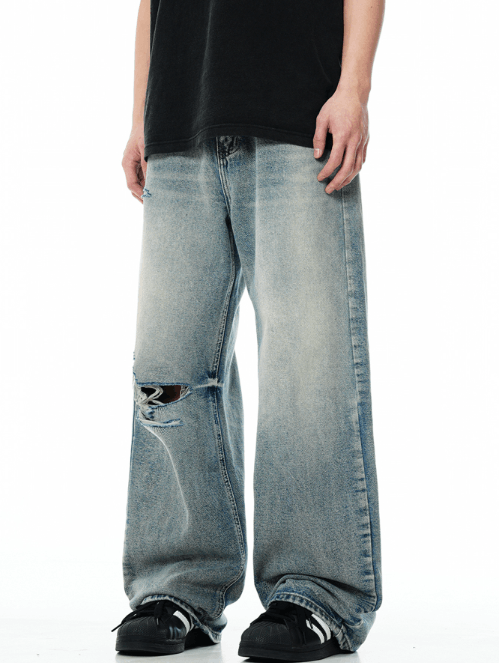 Japanese Brand American retro wide-leg blue washed ripped jeans Size US 32 / EU 48 - 3 Thumbnail