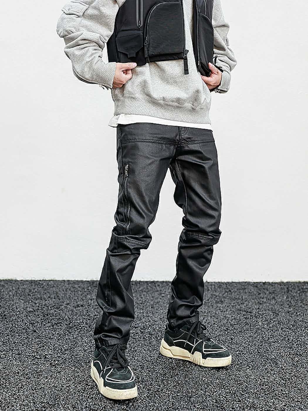 patchwork punk zipper utility wax jeans