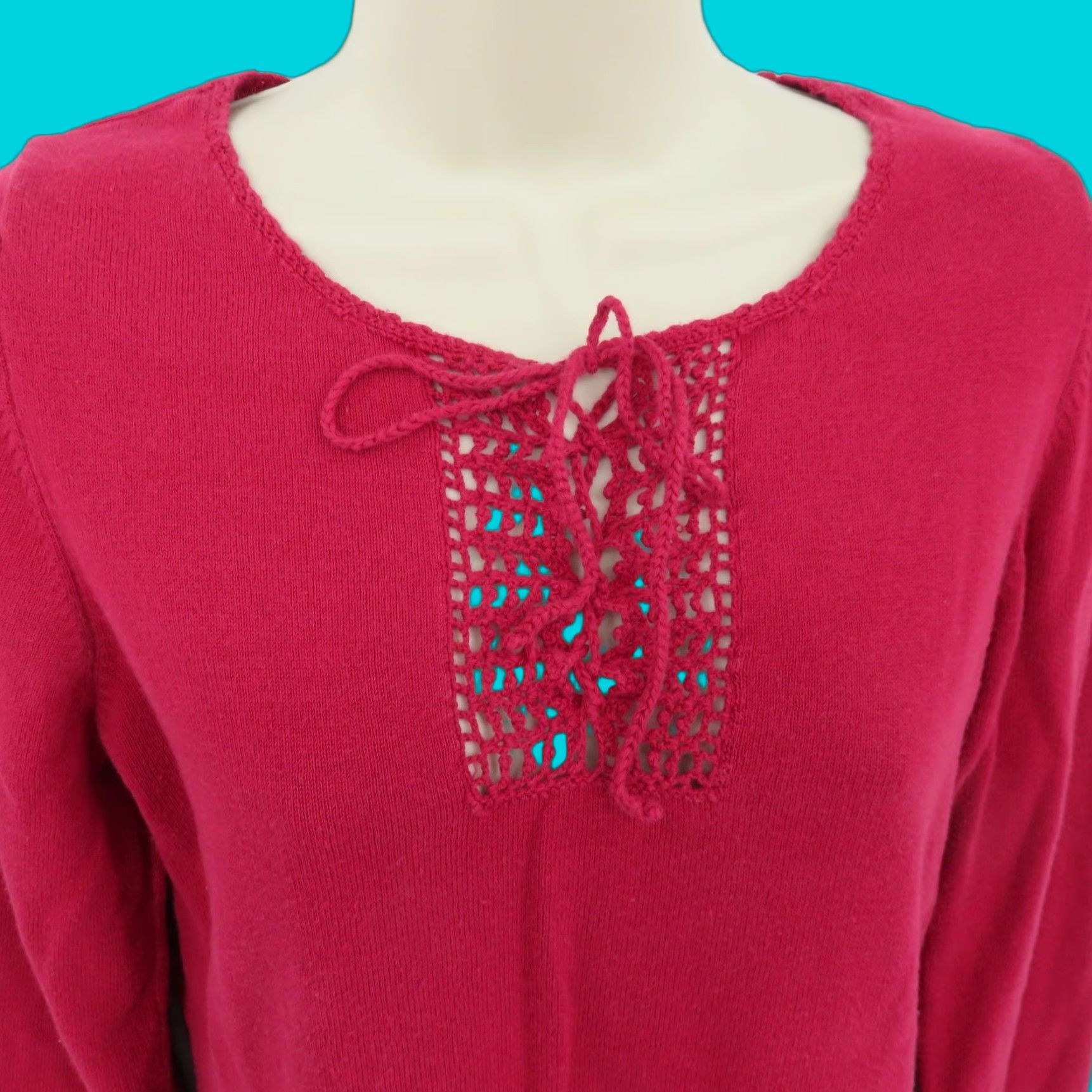 American Eagle Outfitters VINTAGE American Eagle Outfitters Women Sweater Pullover Knit Red Long Sleeve Crochet Lace Up All Cotton 2000s L Regular Fashion Size L / US 10 / IT 46 - 1 Thumbnail