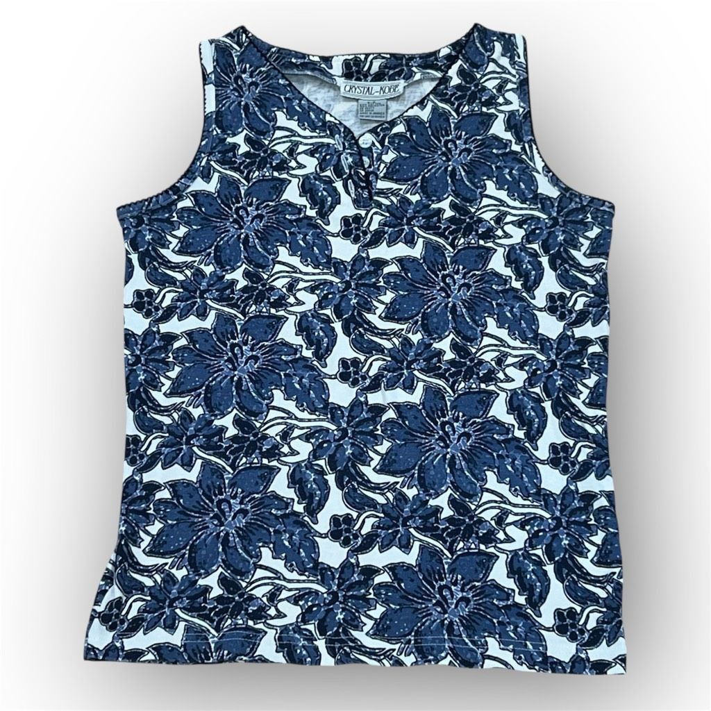 Vintage Crystal-Kobe, Blue & White Floral Vine Print Vintage Tank, W Size S / US 4 / IT 40 - 1 Thumbnail
