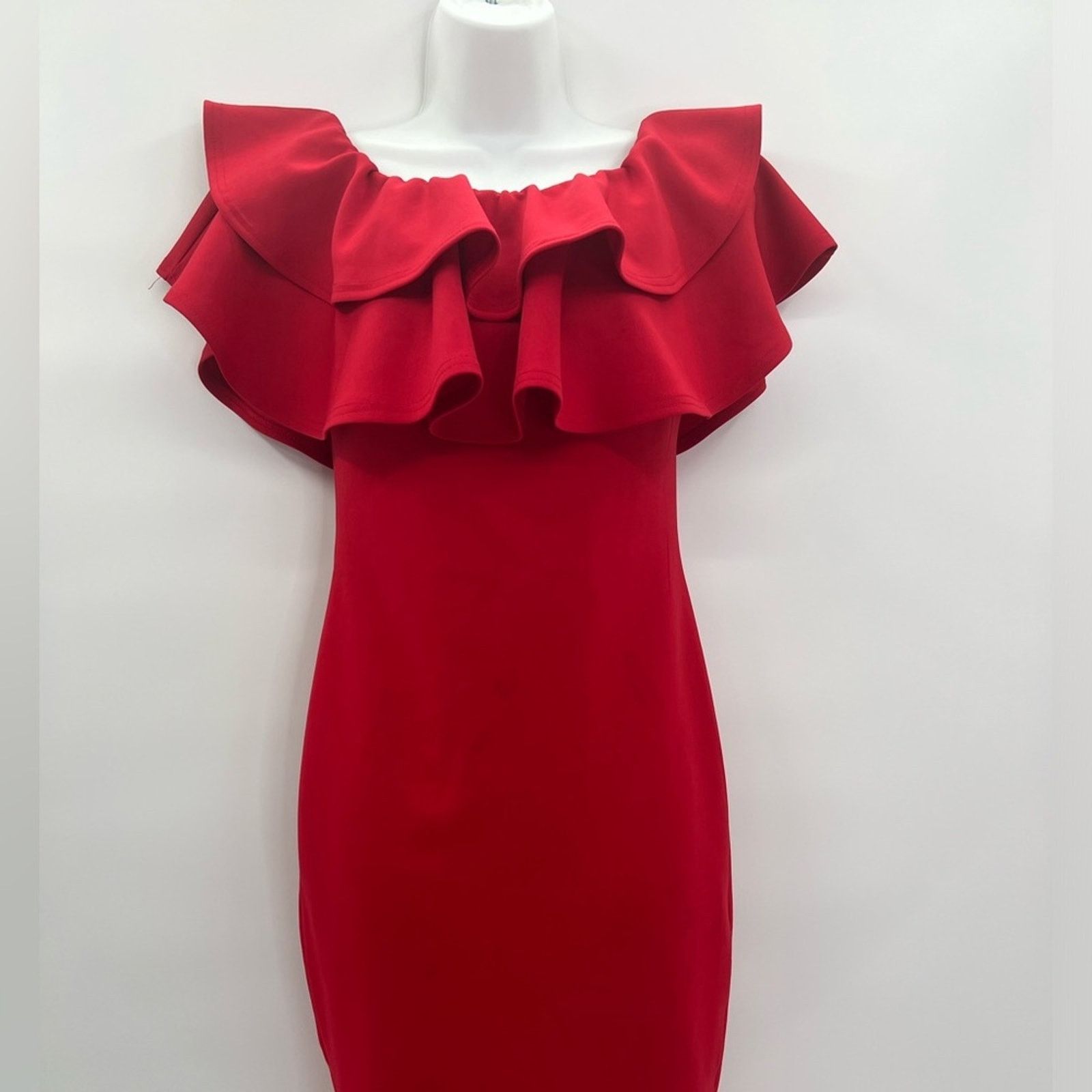 Boohoo Boohoo Red Tight Off Shoulder Ruffled Midi Dress Sz 8 Size M / US 6-8 / IT 42-44 - 4 Thumbnail