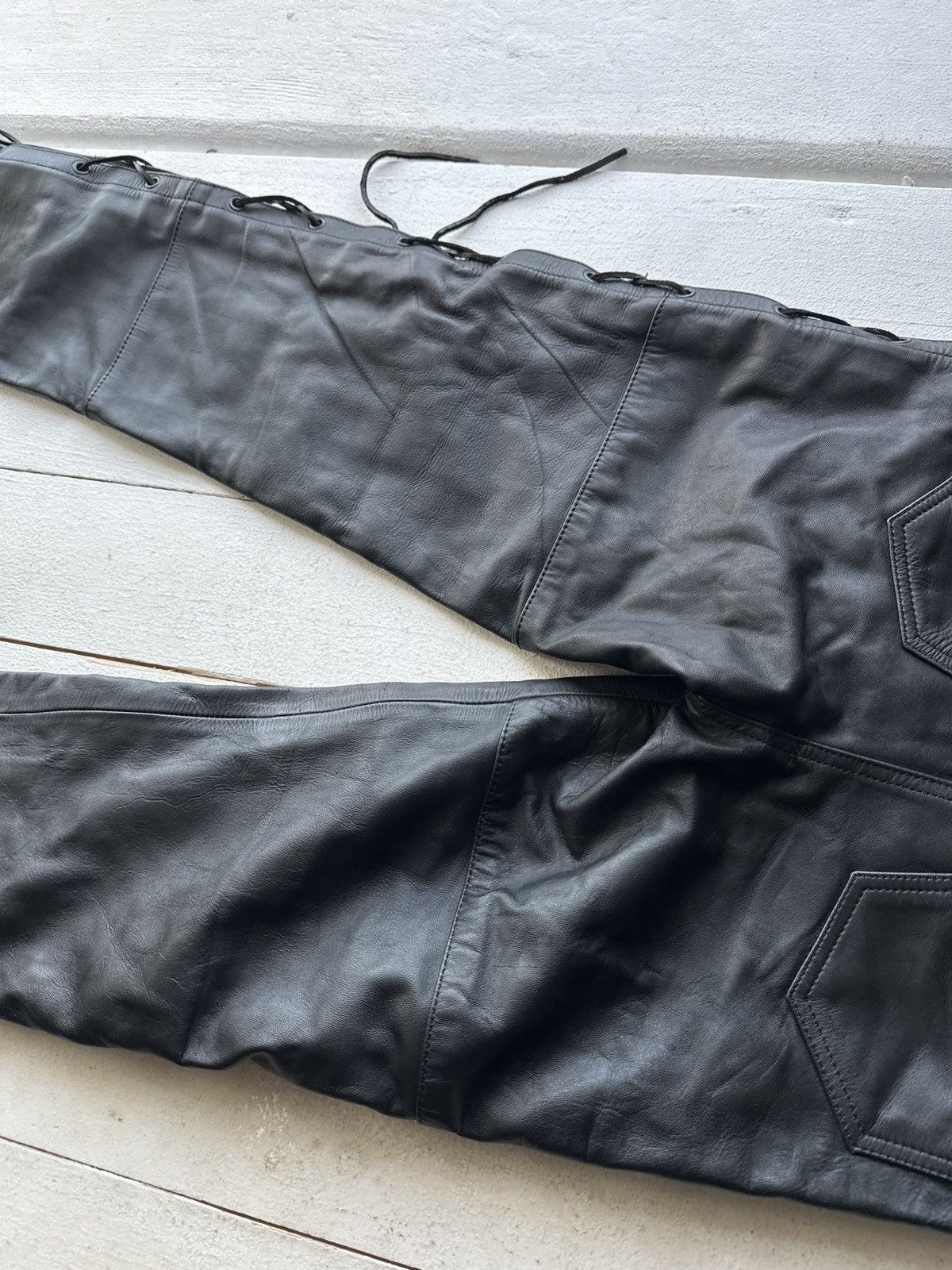 Leather 🚨GRAIL LEATHER PANTS RACING VNTG Cowboy Biker Leather Pants Size US 27 - 12 Thumbnail
