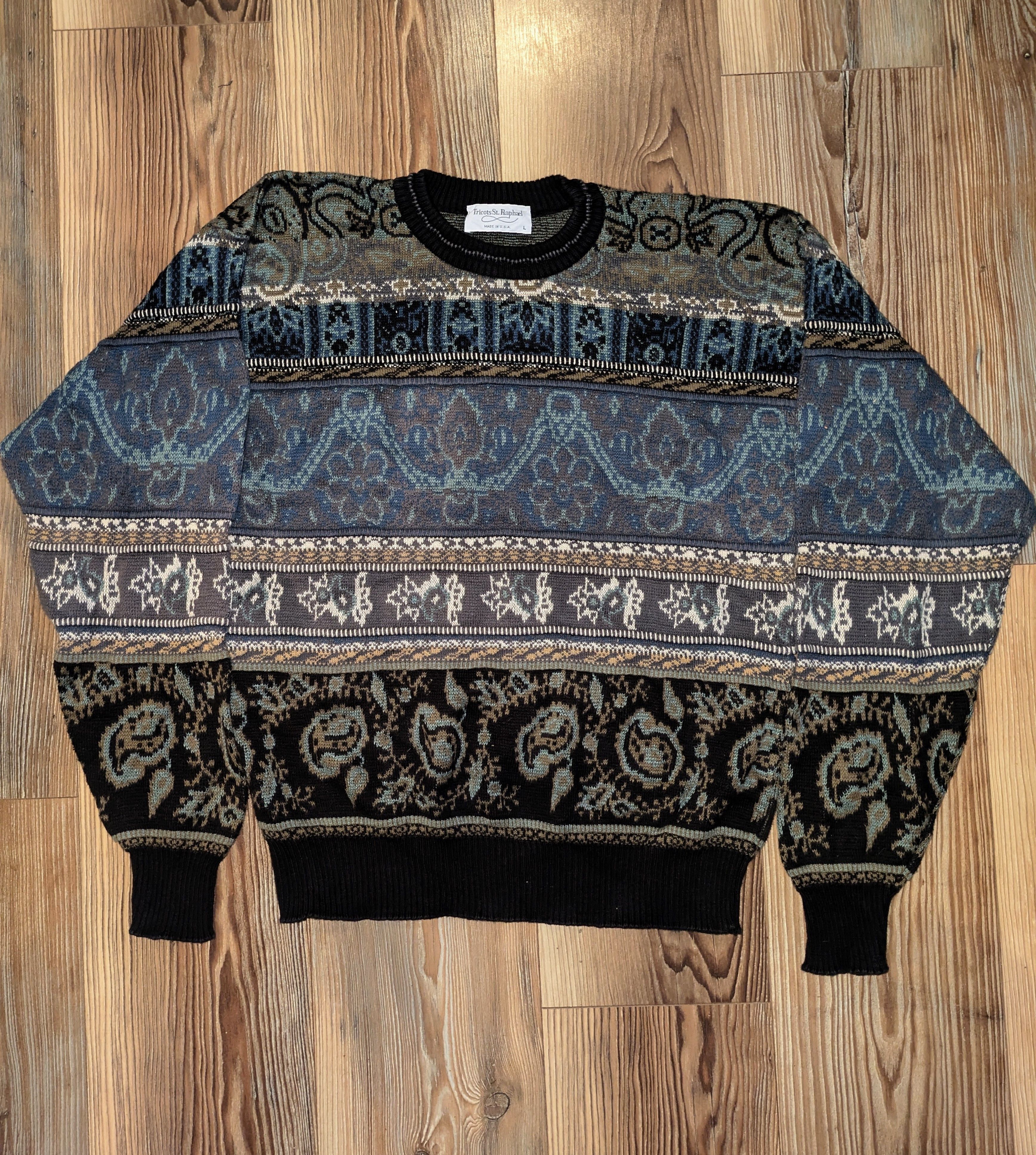 tricots st raphael 総柄コットンニット USA vintage VTG Tricots St. Raphael Sweater Mens L Blue Red Faire Isle