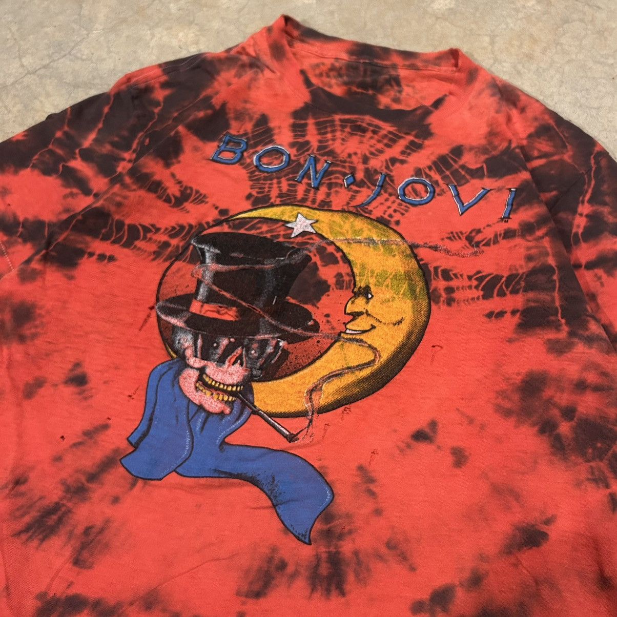 Band Tees × Vintage Vintage 1980s Bon Jovi Smoking Skull Distressed Tie Dye Tee Size US M / EU 48-50 / 2 - 3 Thumbnail
