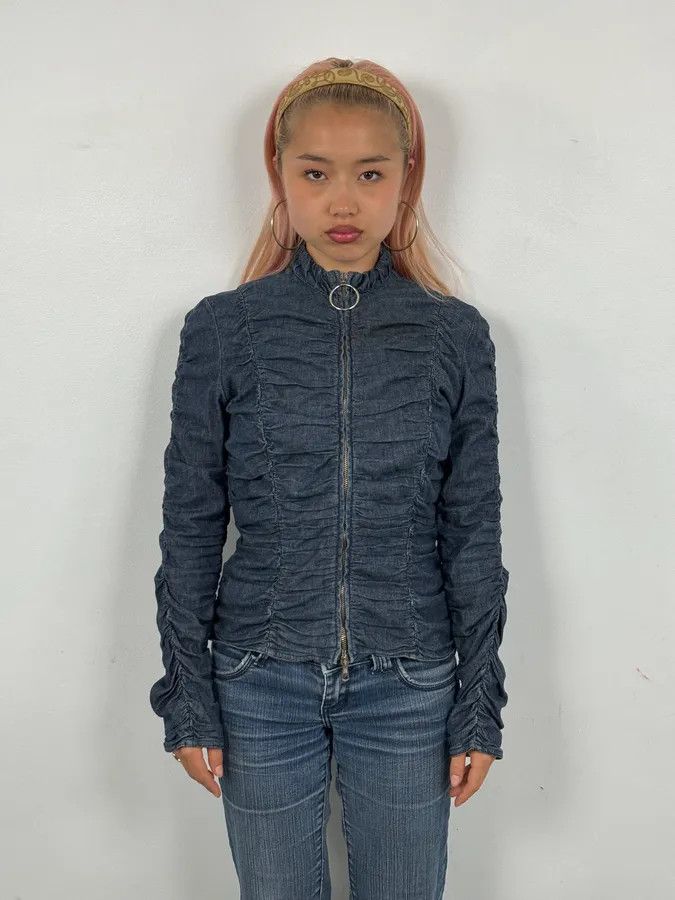 Moschino Moschino Navy Gathered Denim Zip-Up Jacket Size S / US 4 / IT 40 - 2 Thumbnail