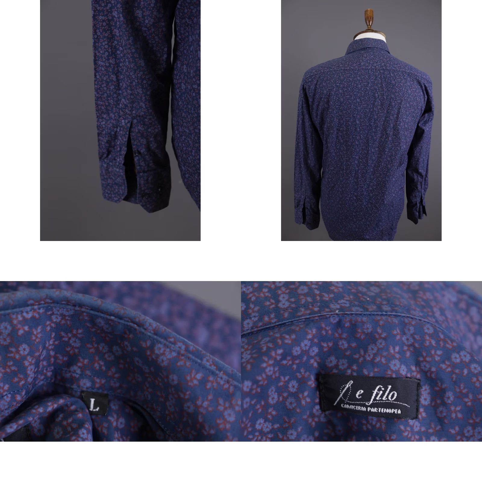 Vintage Camiceria Partenopea Blue Floral Long Sleeve Shirt L Men Button-Up Dress Shirt Size 42R - 9 Thumbnail