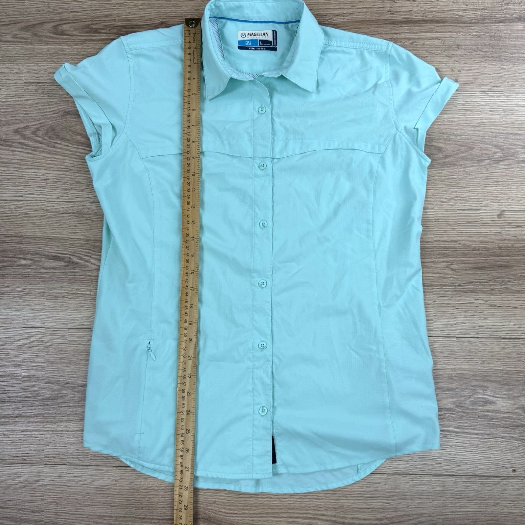 Vintage Magellan Shirt Womens Large Short Sleeve Button-Up Semi Fitted Green Fish Size L / US 10 / IT 46 - 3 Thumbnail