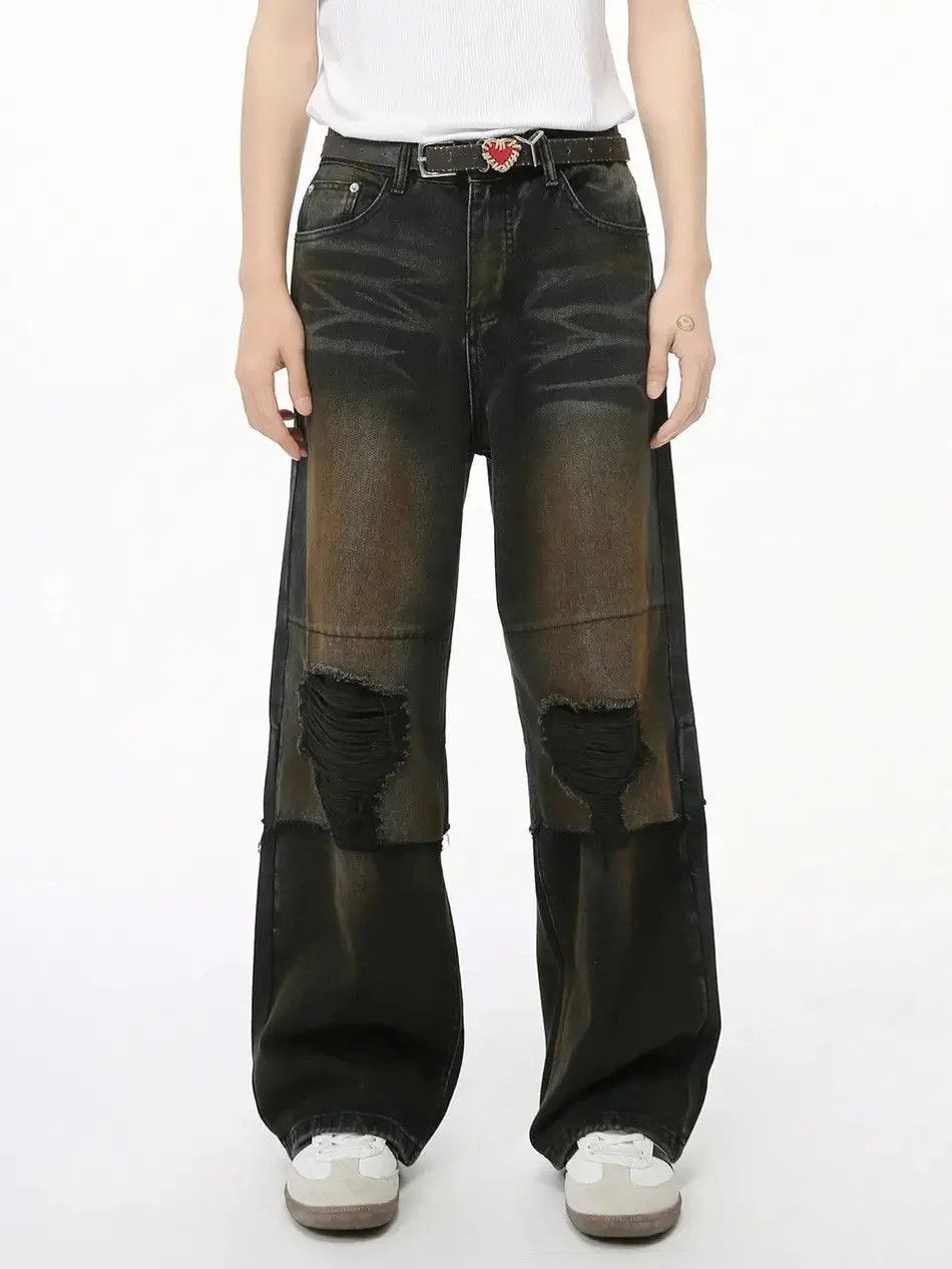 Japanese Brand Retro loose straight leg ripped jeans Size US 32 / EU 48 - 6 Thumbnail