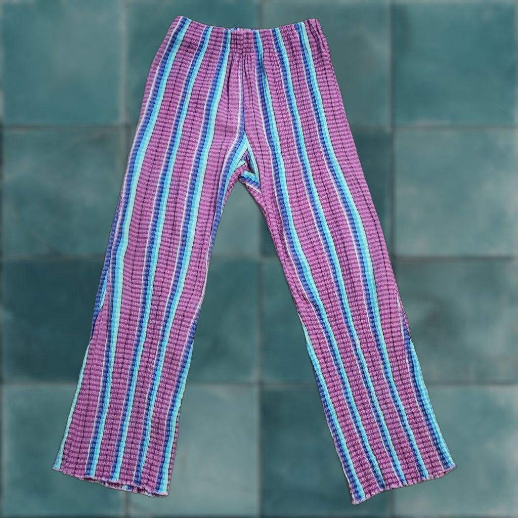Free People VINTAGE Free People Pants Women XS Purple Stripe Waffle Knit Hi Waist Pull On Boho Beach Elastic Waist Ankle 27.5 Inseam Size 26" / US 2 / IT 38 - 1 Thumbnail