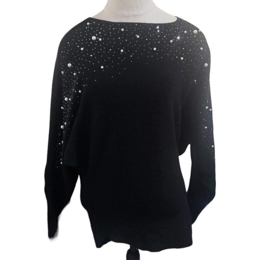 Designer CT1733 On Blue Black and Pearl Studded Long Sleeve Sweater Size S / US 4 / IT 40 - 1 Thumbnail
