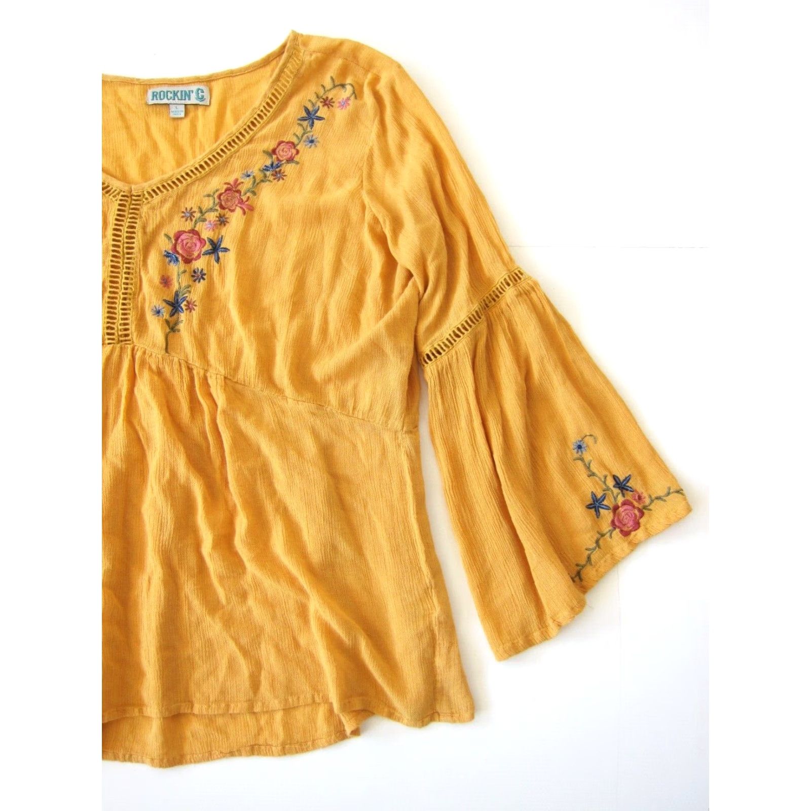 Vintage Rockin C Rayon Yellow Pink Embroidered Floral VNeck Long Sleeve Peasant Blouse L Size L / US 10 / IT 46 - 7 Thumbnail
