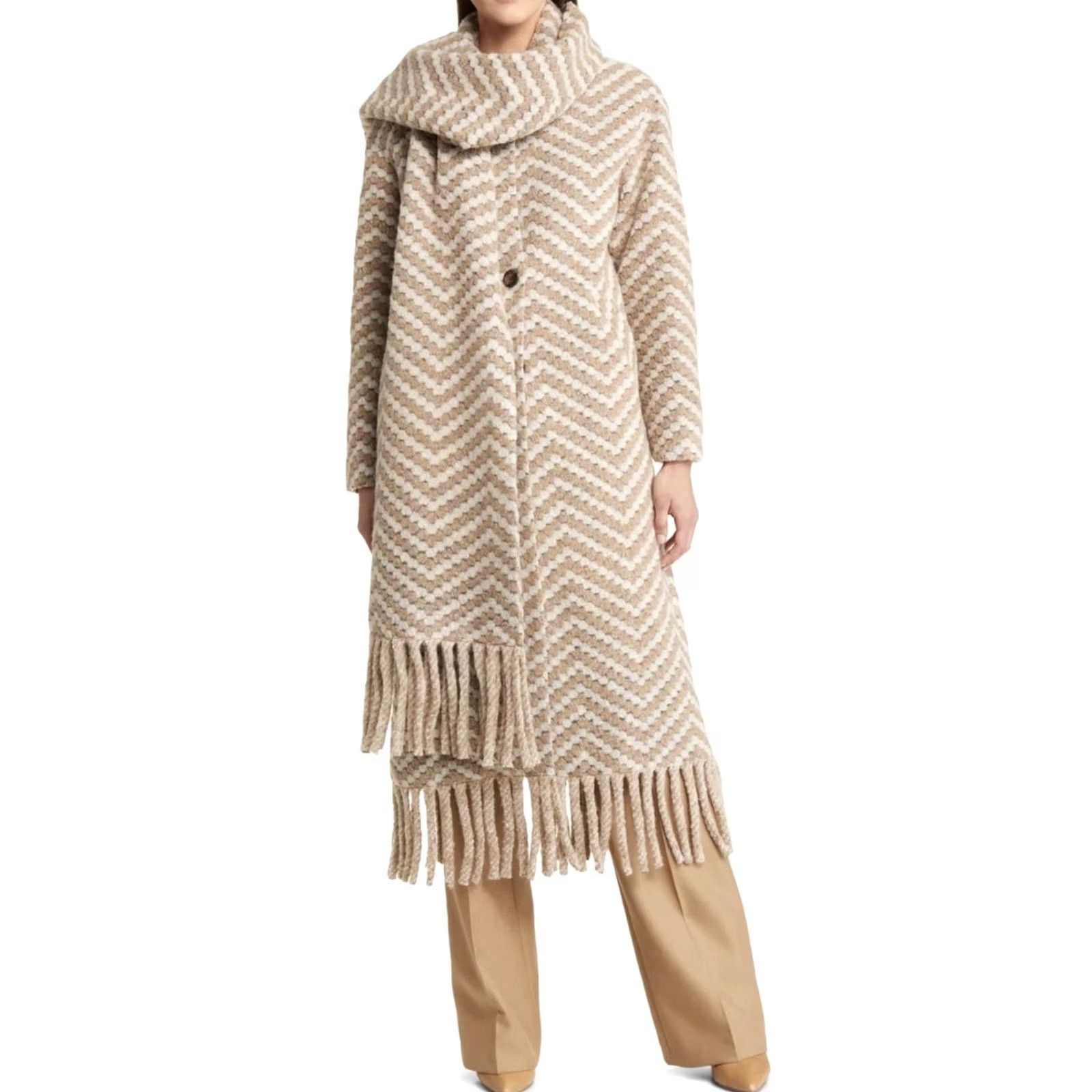 Ted Baker Ted Baker Coat | Beige & Cream Twill Knit Scarf Coat | NWT | Size 2 UK 10 | Women | Wool Mix | Regular | Black Multi Size XS / US 0-2 / IT 36-38 - 3 Thumbnail